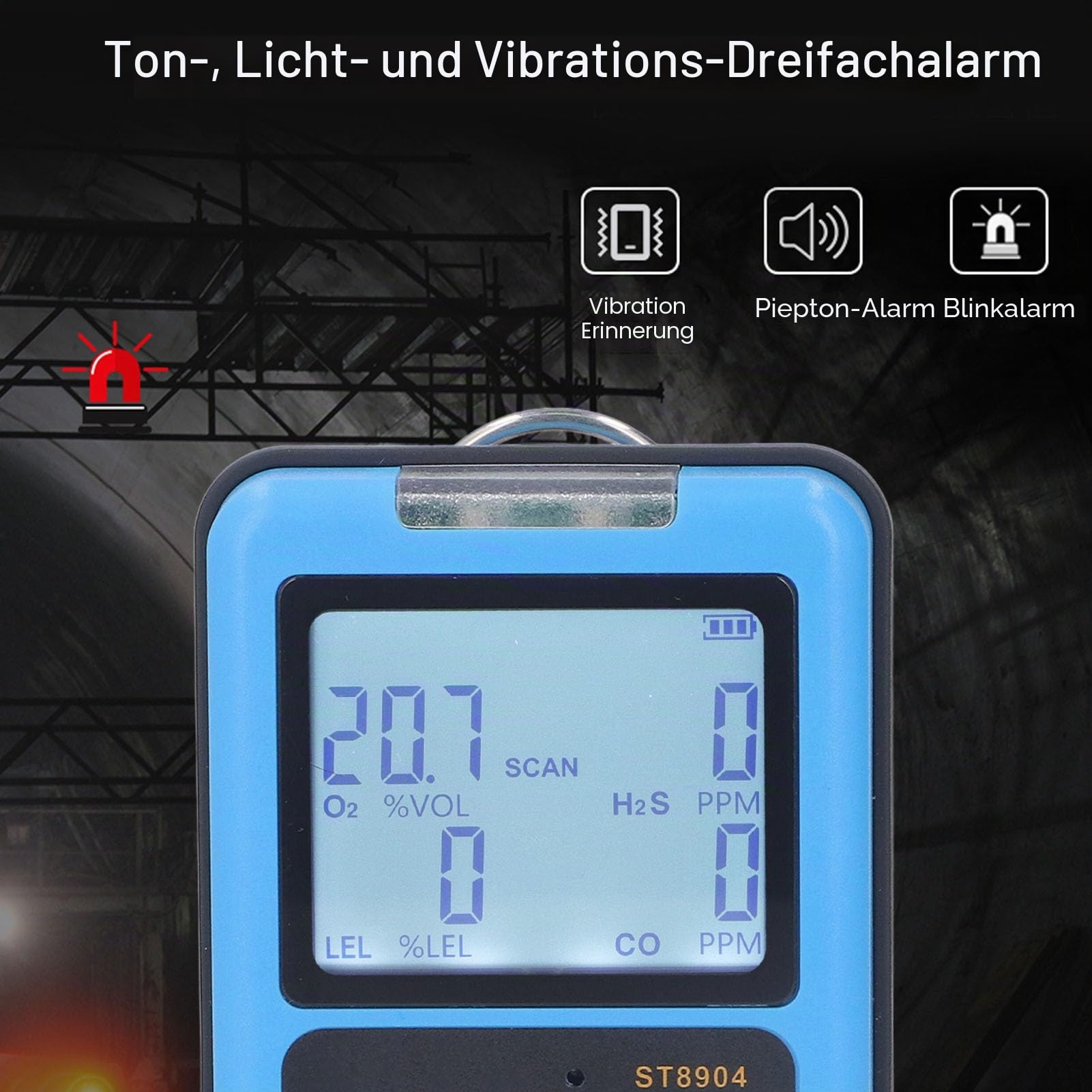 Gasdetektor, 4-in-1 CO H2S O2 LEL Wiederaufladbarer Multigasmonitor, Luftqualitätstester-Analysator, Gasschnüffler mit Hintergrundbeleuchtetem LCD-Display,