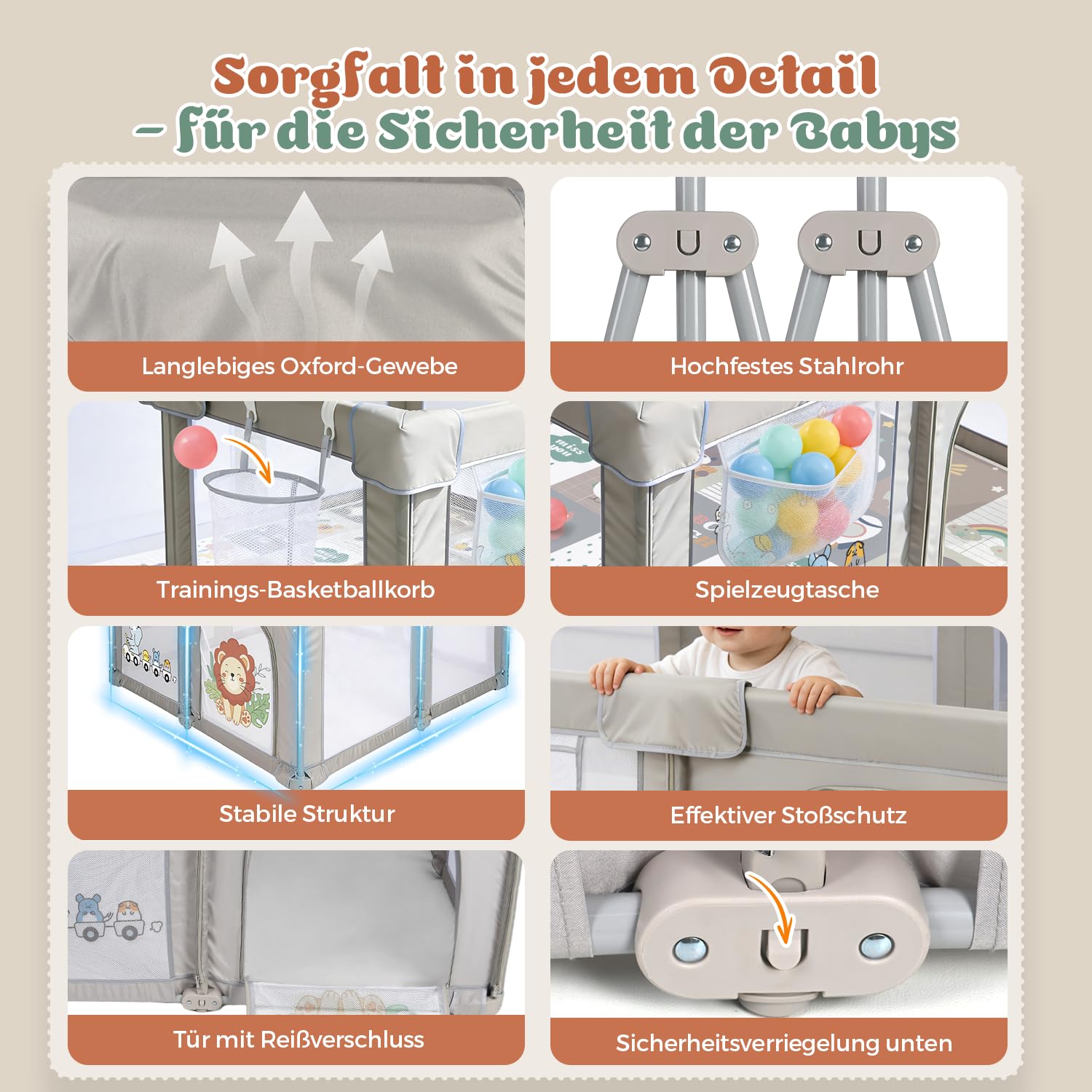 Laufstall Baby Faltbar mit Matratze, Laufgitter 360° Atmungsaktivem Netz | 300D Oxford, Sicher Spielplatz für Kinder, Innen/Außenbereich, mit Tasche, 50 Bälle, 4 Zugri (Löwe, 150 x 150 x 70 cm)
