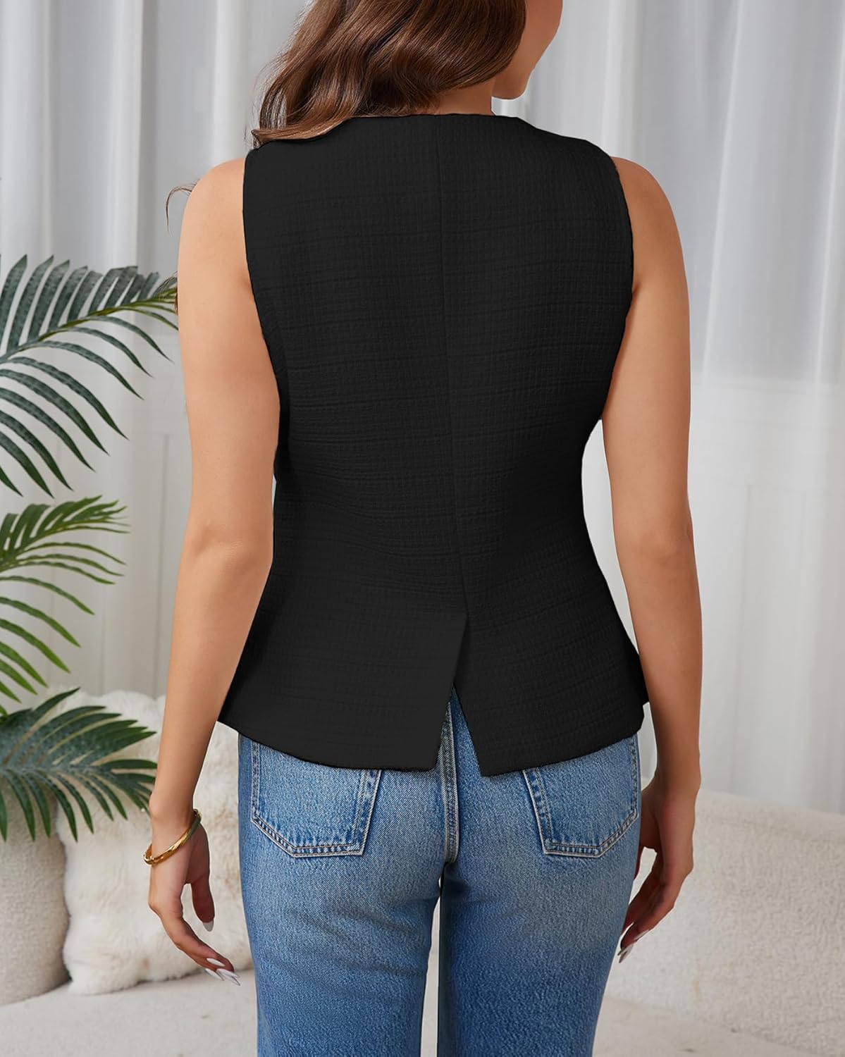Women's Tweed Blazer Vest Sleeveless Button Front Casual Blazer Jackets Work Office Vest - Image 6