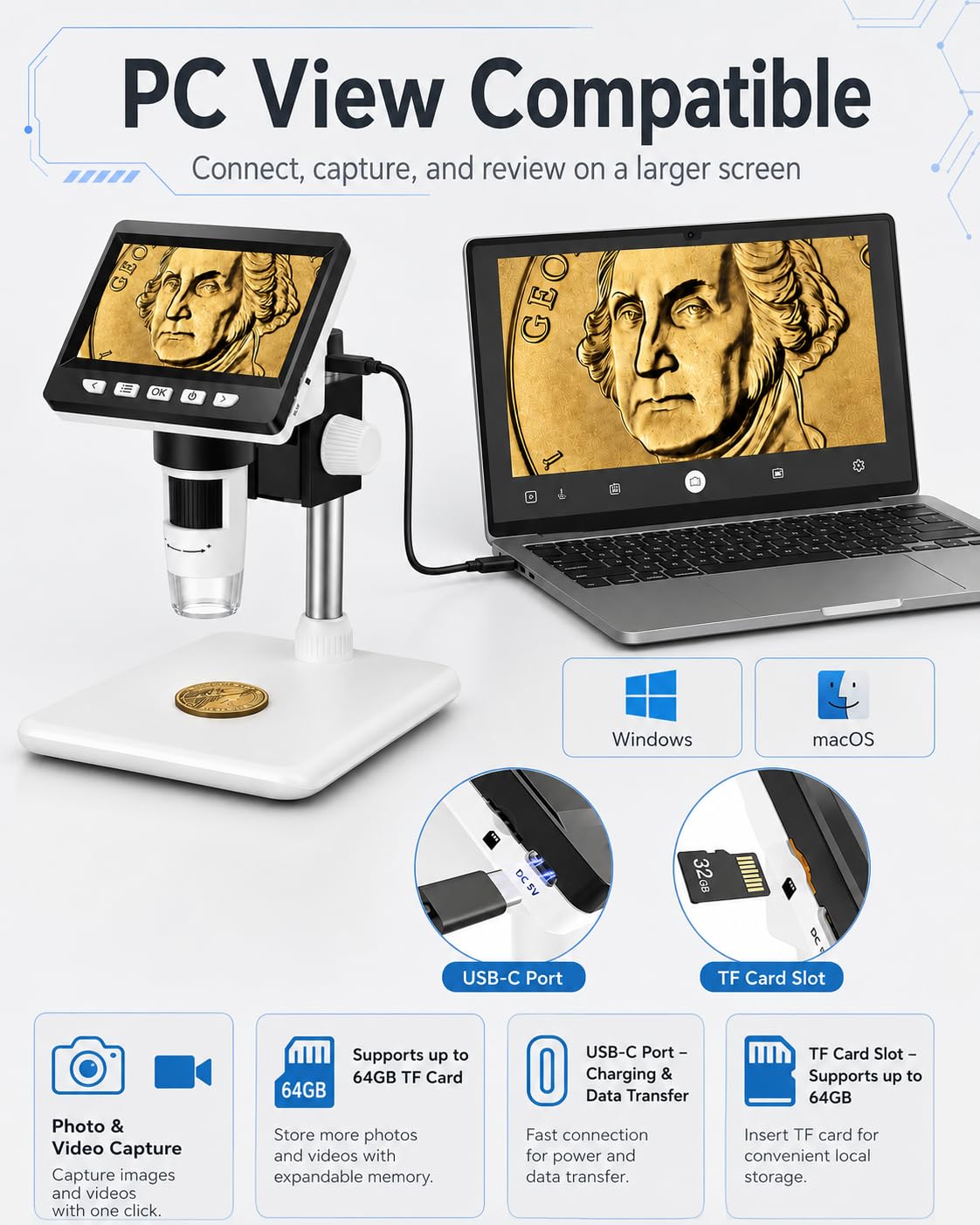 AOPICK Mikroskop Handy, LCD Digital Mikroskop 50X-500X Auflösung, 4,3-Zoll 1080P USB Mikroskop mit 8 einstellbaren LED Licht, PC-Ansicht, für Erwachsene/Kinder, kompatibel mit MacOS Windows