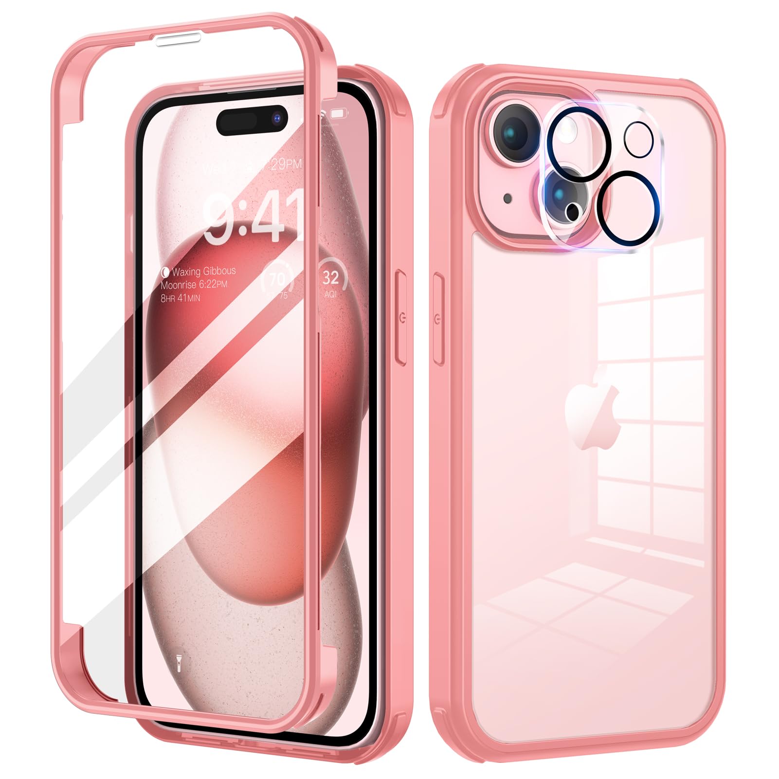 seacosmo Cover per iPhone 15, [9H HD] Integrata Vetro Temperato Schermo e Pellicola Fotocamera 360 Gradi Antiurto Case Rugged Doppia Protezione Custodia per iPhone 15, Rosa