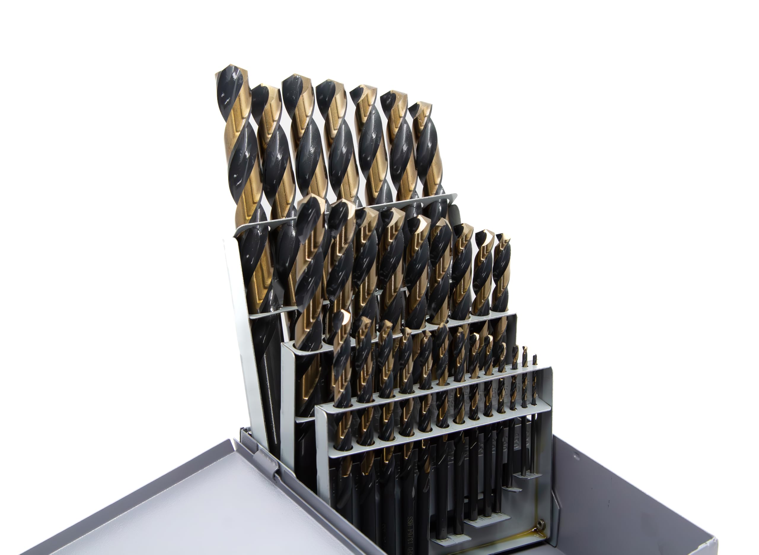 Drill America Juego de 29 brocas HSS de grado contratista negro y dorado (1/16 pulgadas - 1/2 pulgada x 64 partes), serie KFDST