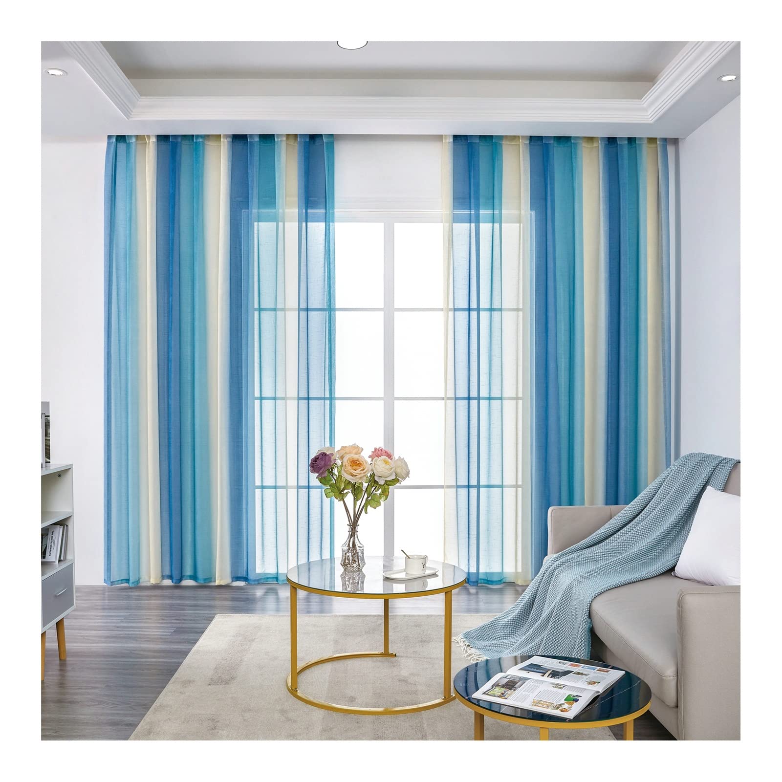 Tende Trasparenti Arancioni E Blu, Set Da 2 Pannelli 132x183 Cm, In Voile Setoso Con Tasca Per Asta, Per Soggiorno E Camera Da Letto