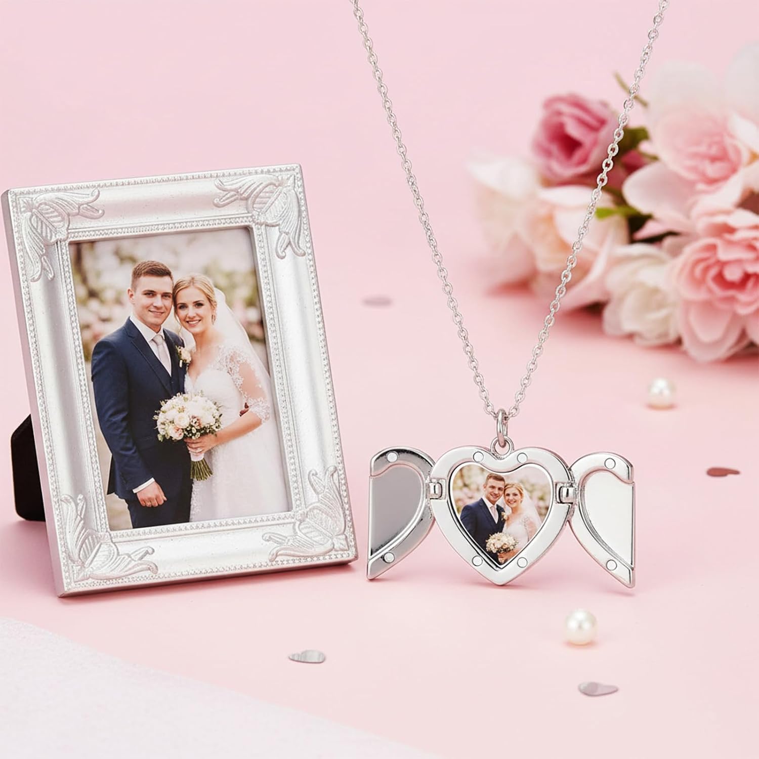 Locket Necklace with Picture Inside, Silver Angel Wings Necklace, Personalized Memorial Gifts Custom Photo Jewelry for Loved Ones, Birthday Valentine's Day Keepsake