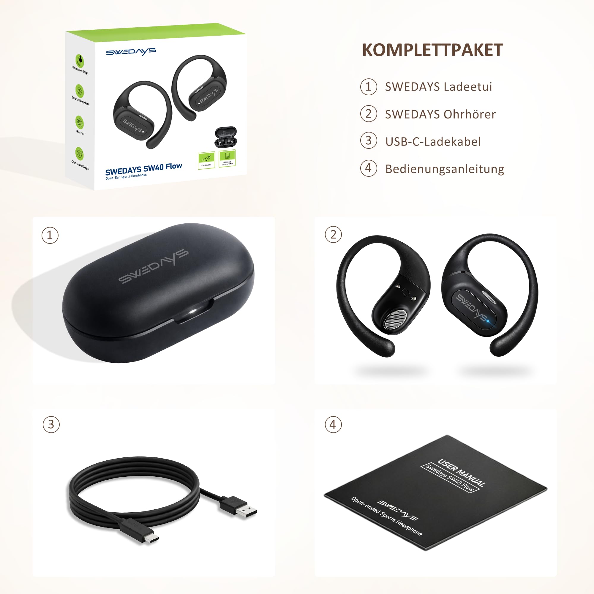 Open-Ear Kopfhörer mit Ohrbügel, Kabellose Bluetooth Kopfhörer Sport mit ENC Noise Cancelling Mic, 40h Akku, IPX5 Wasserfest für Radfahren, Wandern, Laufen & Fitness
