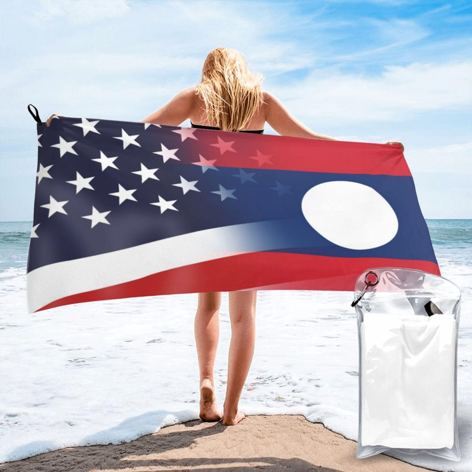 HACXZ Funny America Flag and Laos Lao Flag Absorbent Beach Towel Microfiber Beach Shower Towel 31.5"X63"