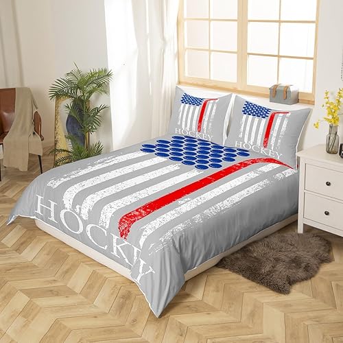 Miniatura 5 de Juego de funda de edredón de hockey tamaño matrimonial, juego de ropa de cama de rayas abstractas de 3 piezas para niños, adolescentes, niñas,