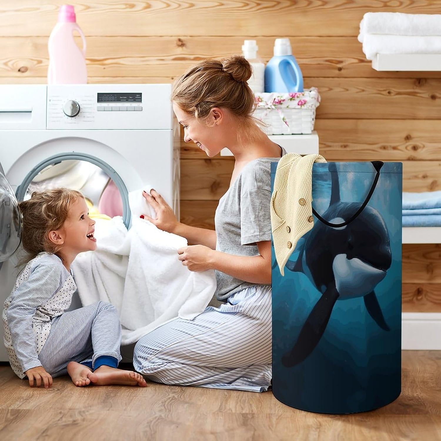 Killer Whale Laundry Basket 86L Laundry Hamper | Collapsible Clothes Hamper with Reinforced Handles Waterproof Tall Foldable Dirty Clothes Basket for Hotel, Home, Closet