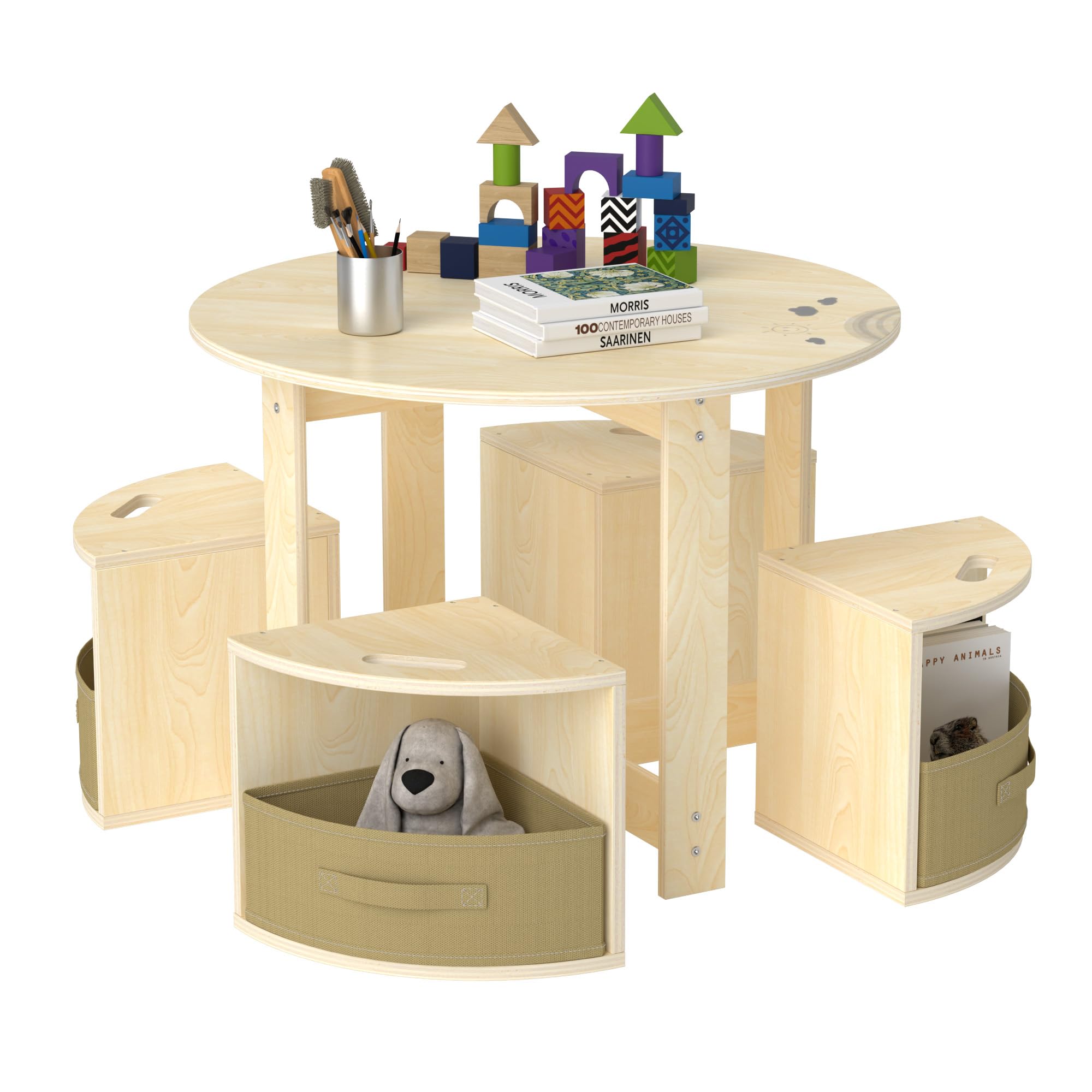Puecrof Table pour enfant avec 4 tabourets et espace de rangement - Salon rond en bois pour chambre d'enfant, jeu et bricolage - Design peu encombrant en blanc naturel
