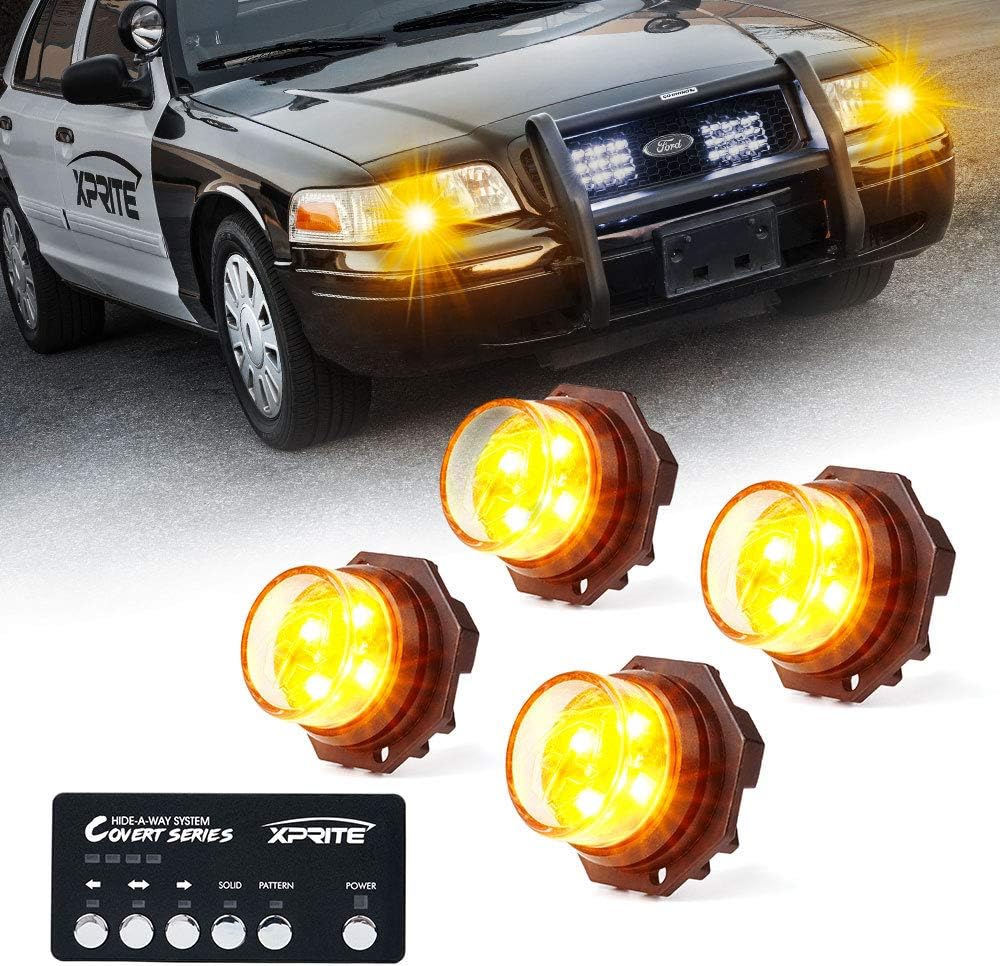 Xprite Amber/Yellow LED Hideaway Strobe Lights Kit 20 Flash Patterns Hazard Warning Light for Trucks, Police Cars, Emergency Vehicles - 4 PCs