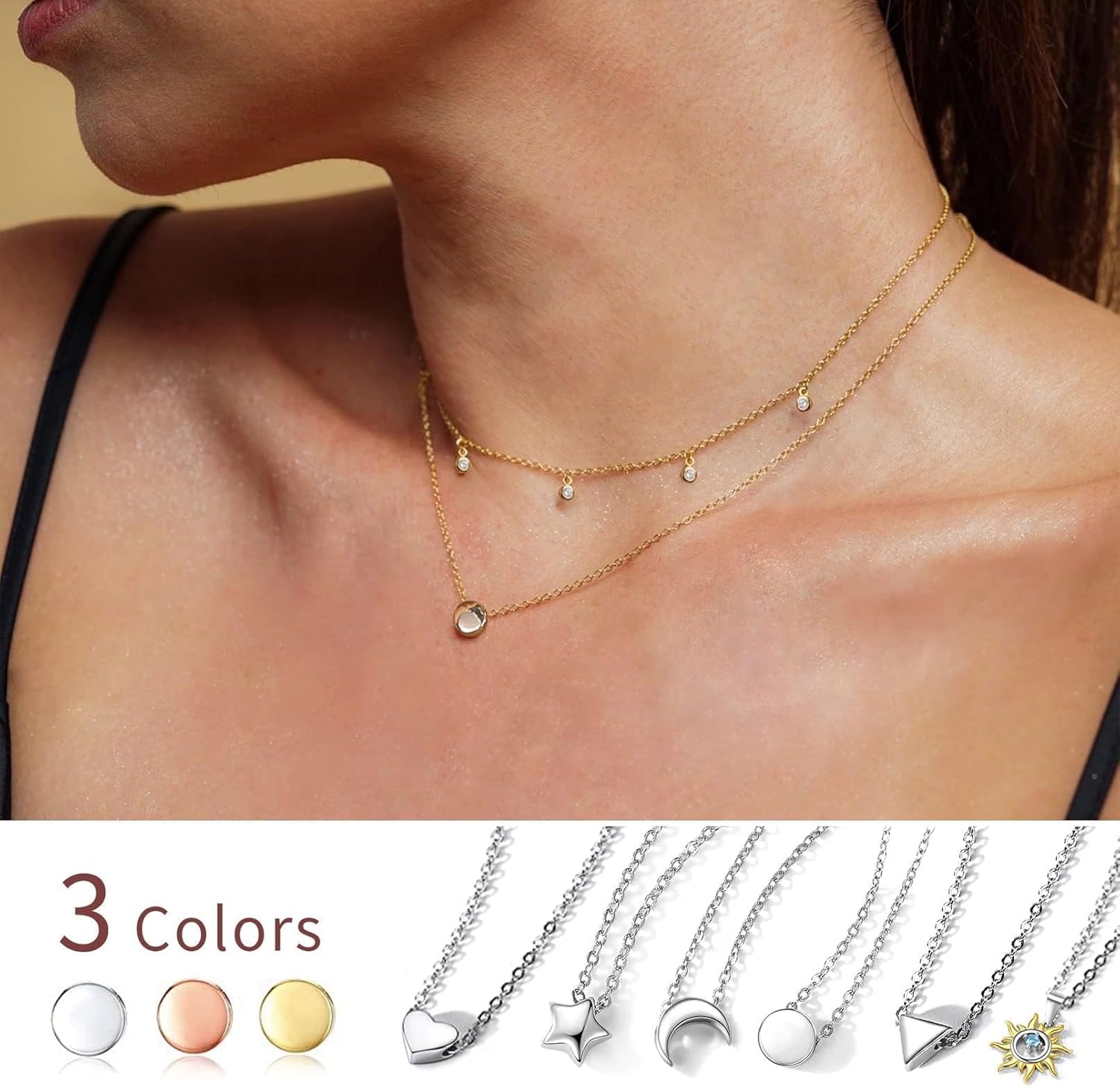 ChicSilver Personalized 925 Sterling Silver Dainty Small Heart/Star/Moon/Dot/Triangle Pendant Necklace for Women, Silver/Gold/Rose Gold/Black (with Gift Box) - Image 3