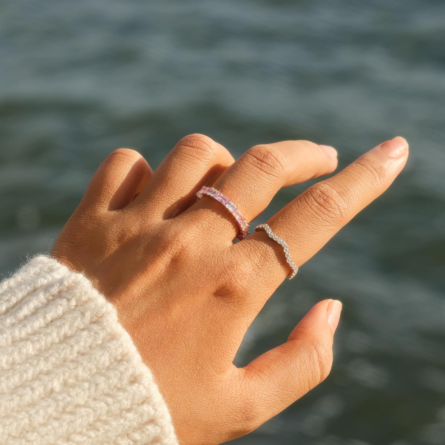 STORYJEWELLERY Rose Gold Plated Wedding Bands for Women, Pink Ring, Emerald Cut Wedding Band, Eternity Band Rings for Women, Gifts for Her - Image 3