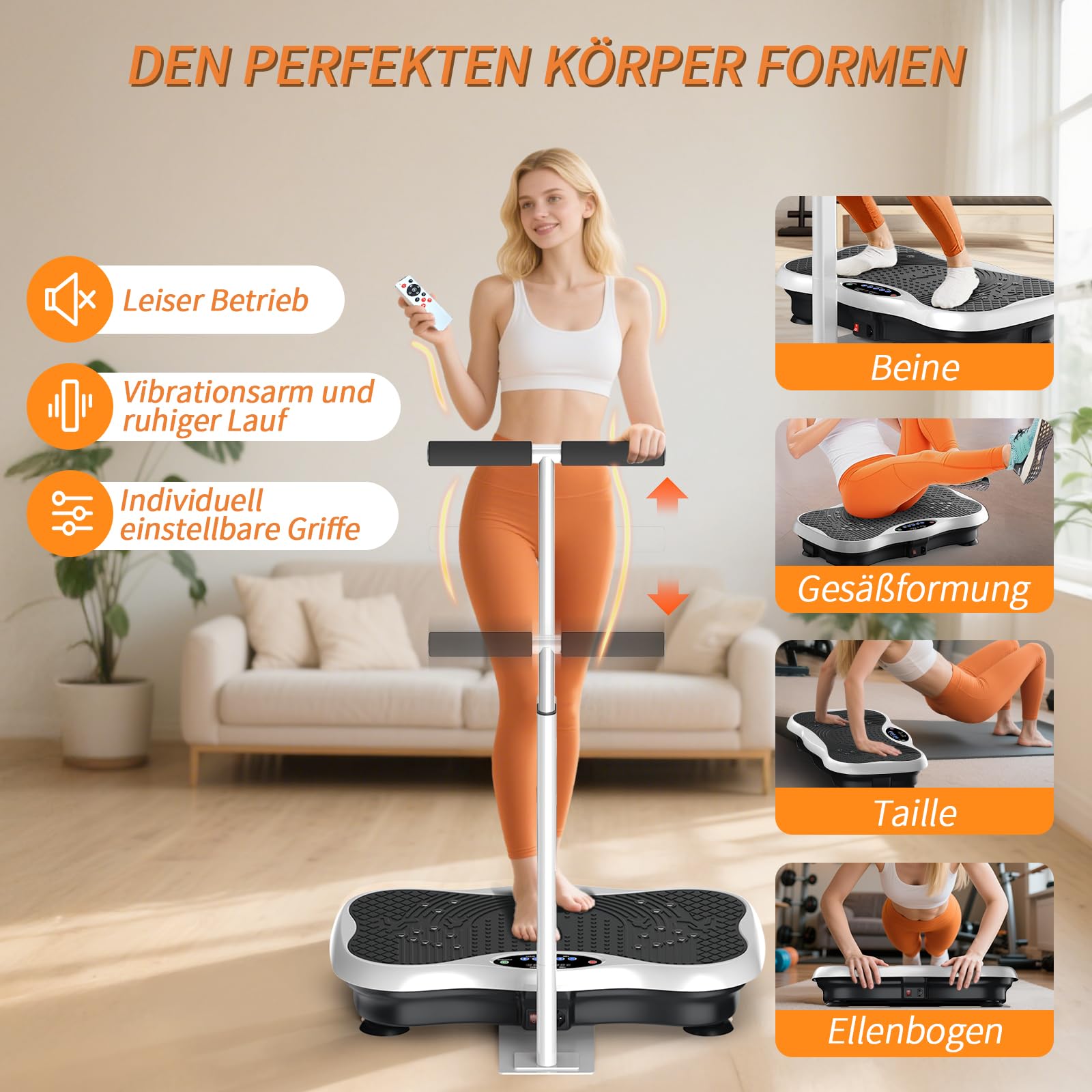 Vibration Plate, Vibration Board mit Haltestange, Griff, Bluetooth-Lautsprecher, Fernbedienung und Spannseil Rüttelplatte Sport für Zuhause, Vibrationsplatte für Frauen Ganzkörpertraining