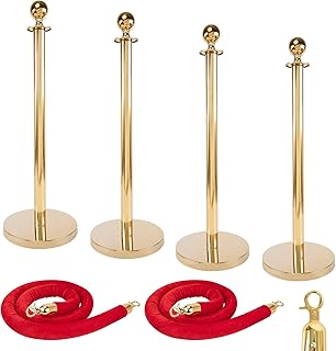 Gold Crowd Control Stanchions, Red Velvet Rope Stanchion Set, Stanchion Posts Queue Pole with 5 ft/1.5 m Red Velvet Rope - Stanchions and Velvet Ropes for Movie Theater (38 Inch, 4Pcs)