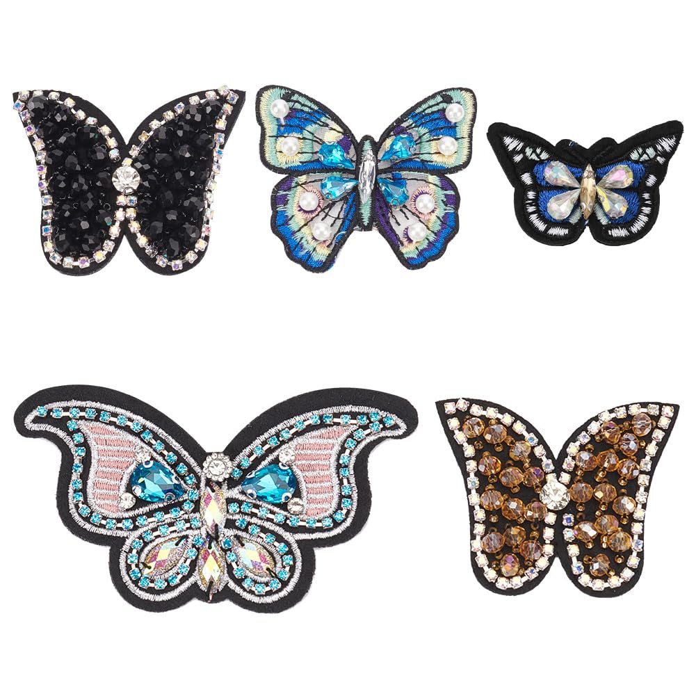 AHANDMAKER 5 Pezzi Toppe Applique con Perline e Strass a Forma di Farfalla, 5 Stili di Toppe con Perline e Strass da Cucire, Toppe Applique Decorative per Fai da Te, Artigianato, Feste, Vestiti, Jeans