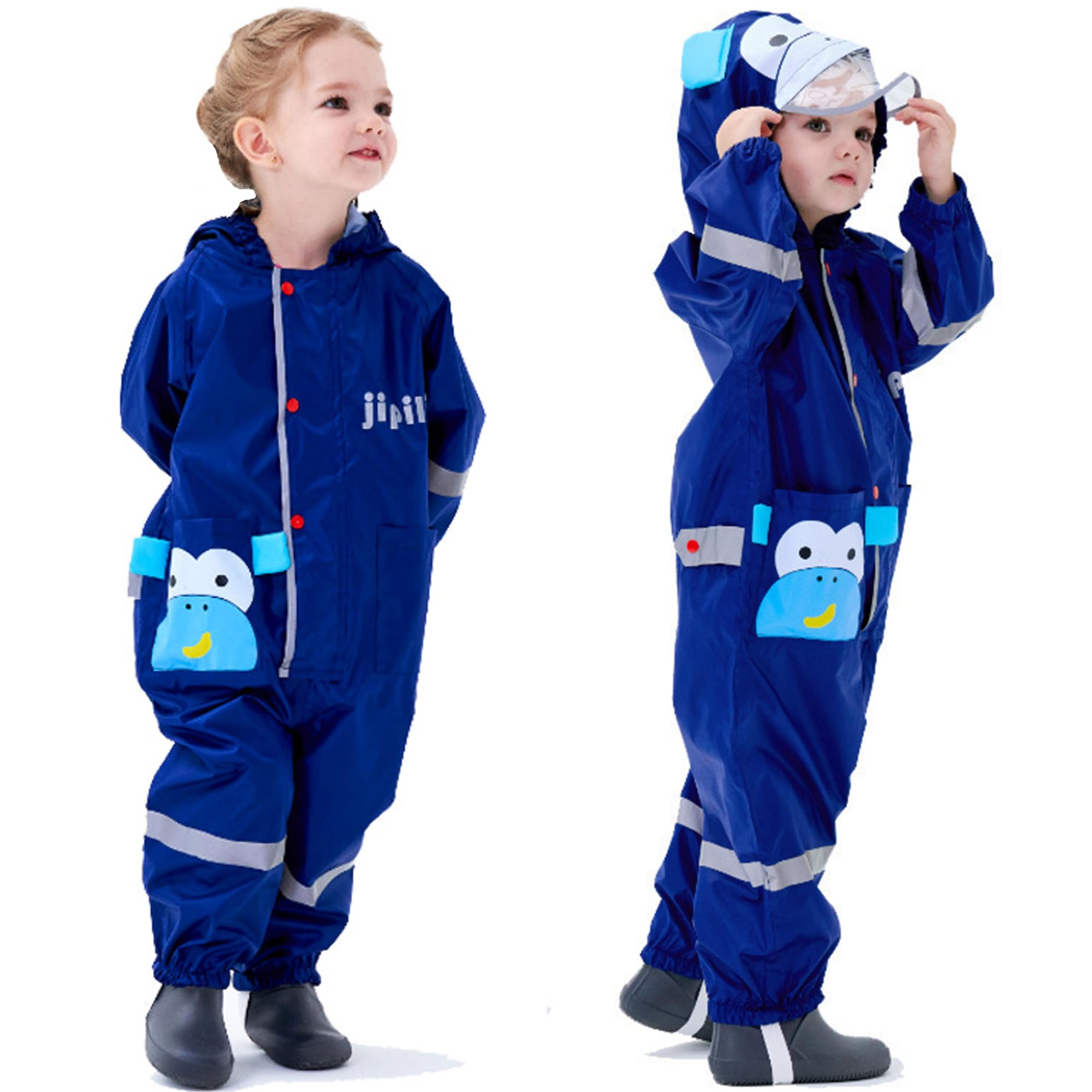 Combinaison de Pluie Enfant, Imperméable Garçon Fille Manteau de Pluie Veste à Capuche Poncho Léger Animal Imprimé Rayure Réfléchissante Outdoor Imperméables 1-10 Ans