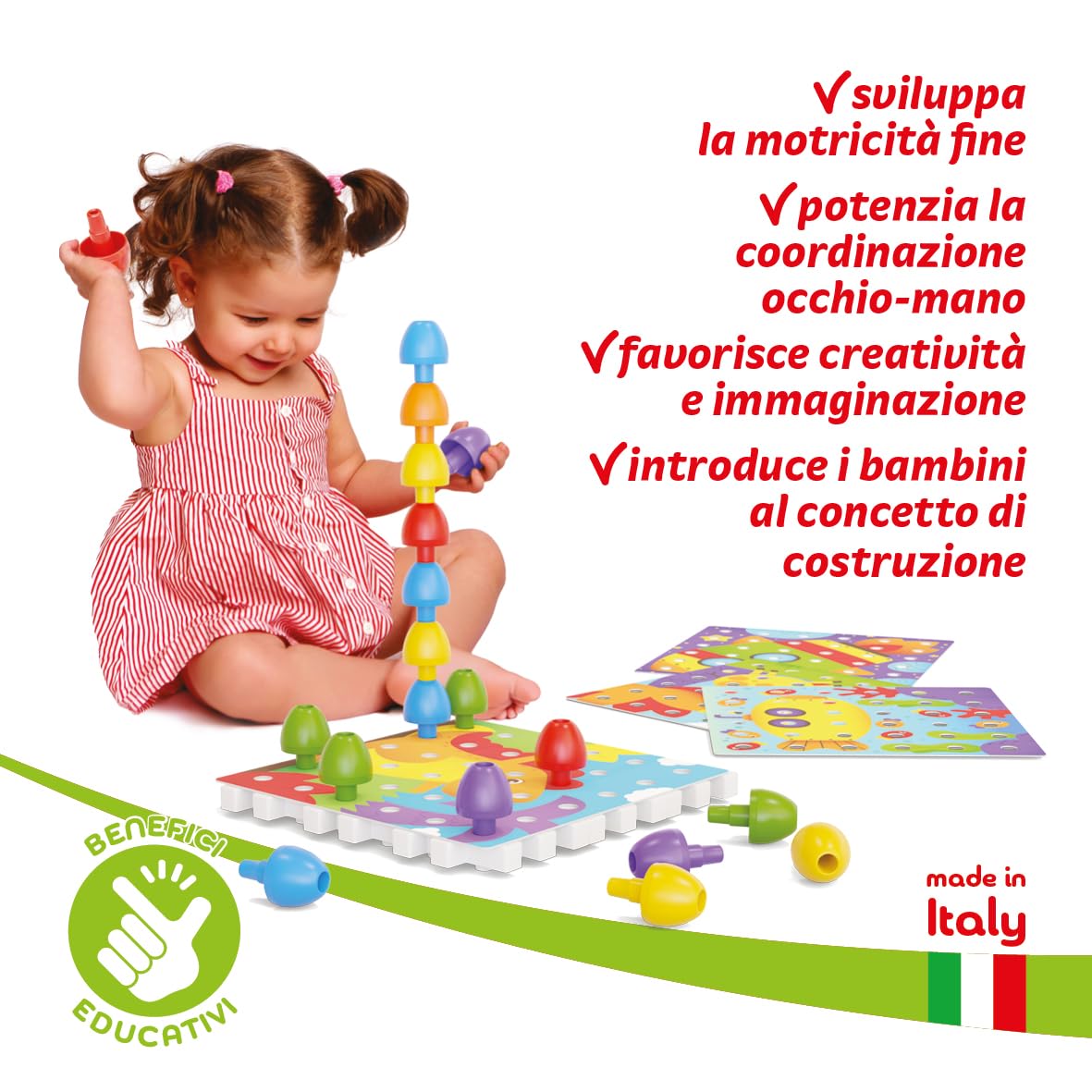 Quercetti Jumbo Peggy Bio, Mosaico Bambini, Giochi Bambini 2 Anni fino ai 5 Anni, Chiodini per Bambini 3 Anni, Costruzioni per Bambini 3 Anni con 36 Chiodini, 9 Piastre e 4 Schede, Made in Italy