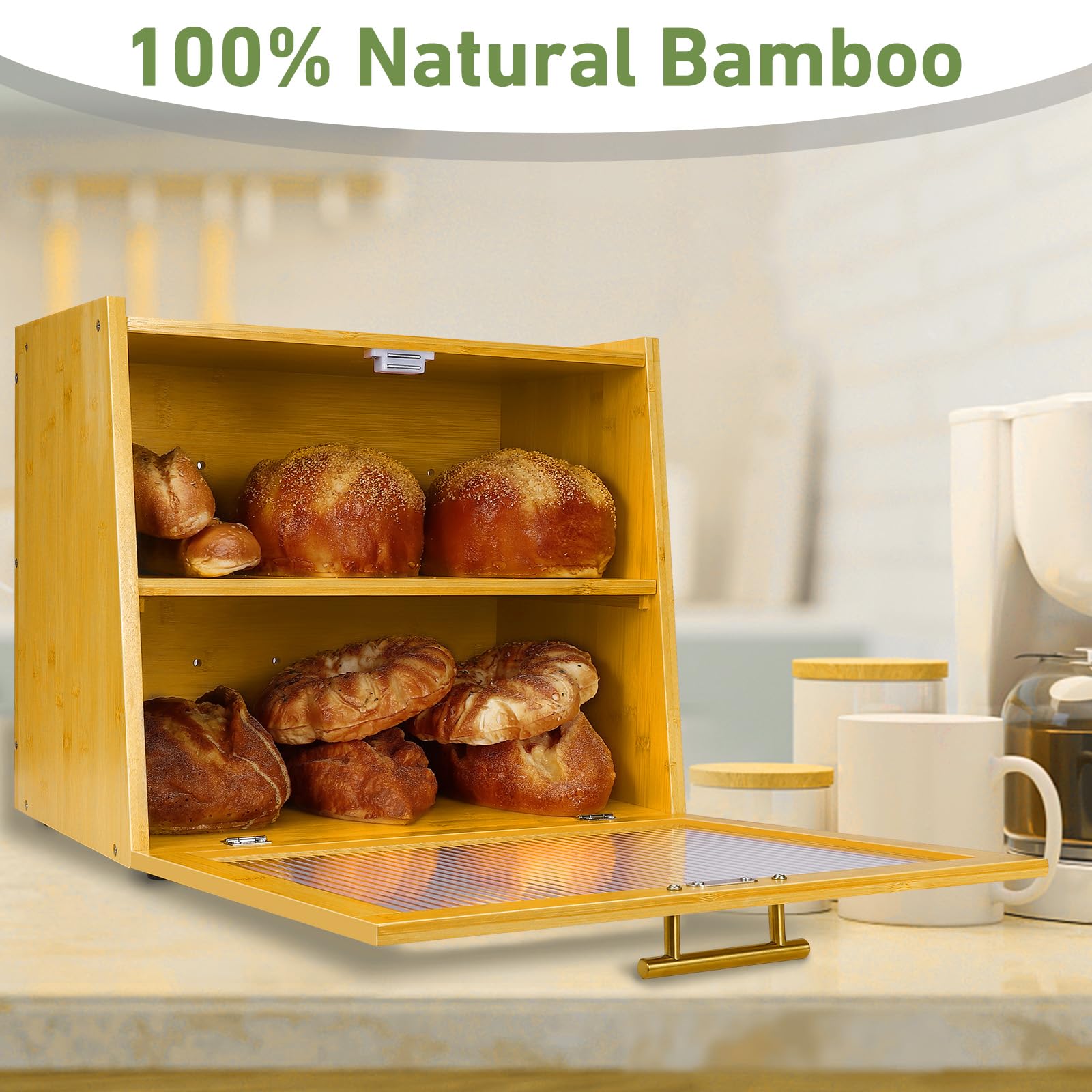Panera de bambú de doble capa para encimera de cocina, contenedor de almacenamiento de pan, panera grande de granja