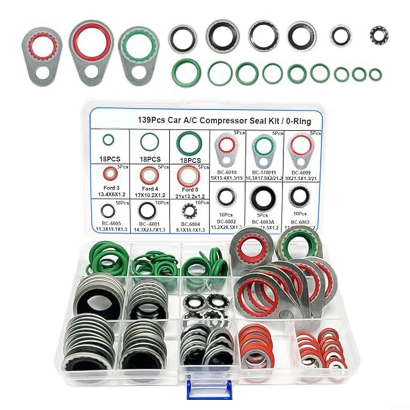 139-teiliges AC-O-Ring-Set, A/C-Gummidichtung, Sortiment für Auto-Klimaanlagendichtung, Reparatur mit Metallringen und organisierter Aufbewahrungsbox für Mechaniker
