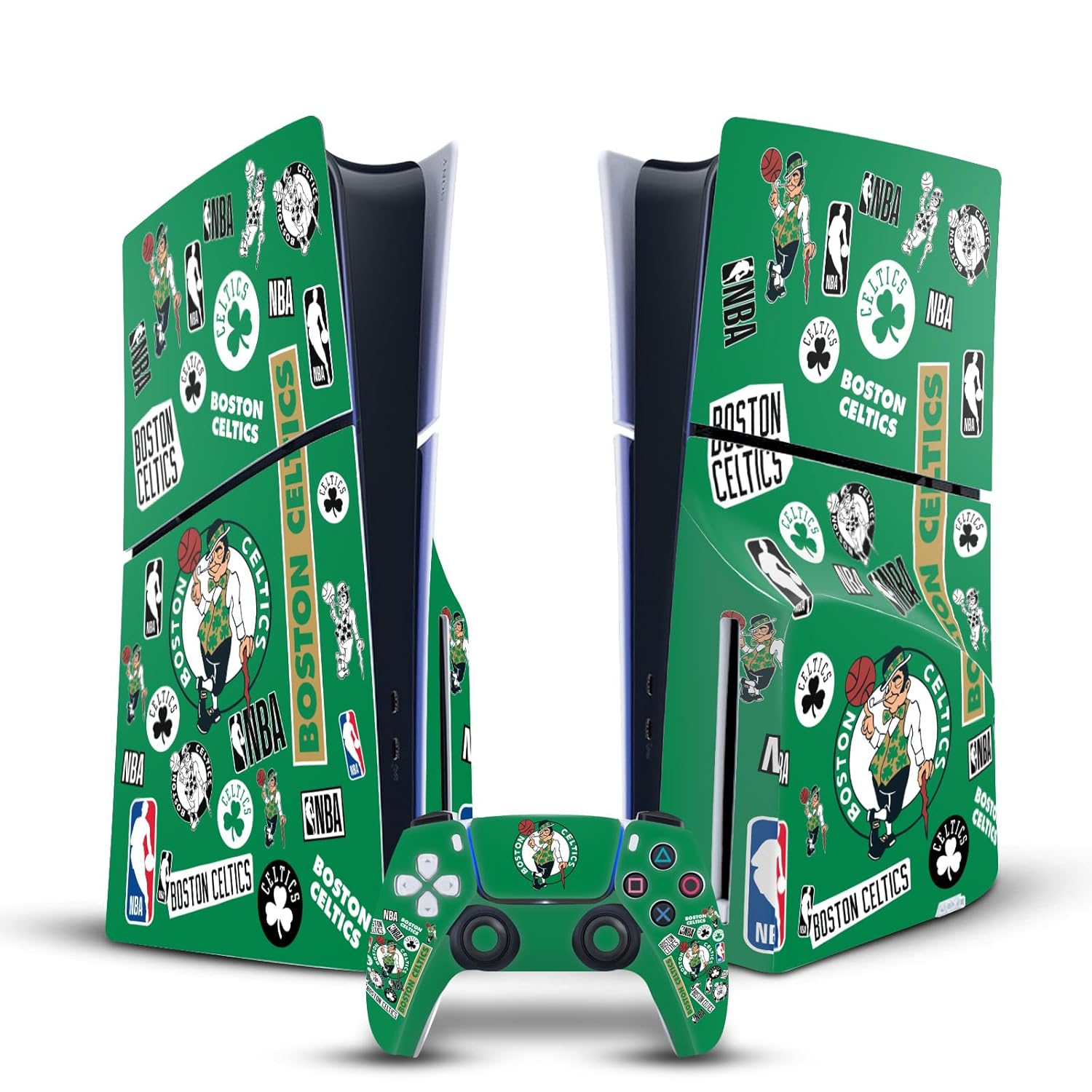 Head Case Designs Officially Licensed NBA Sticker Collage Boston Celtics Vinyl Sticker Gaming Skin Decal Cover Compatible With Sony PlayStation 5 PS5 Slim Disc Edition Console & DualSense Controller