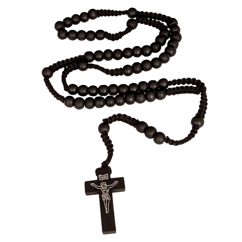 Collier Homme Hip-hop Perles De Verre Transparent 8mm Avec Main De Prière Et Croix - Noir