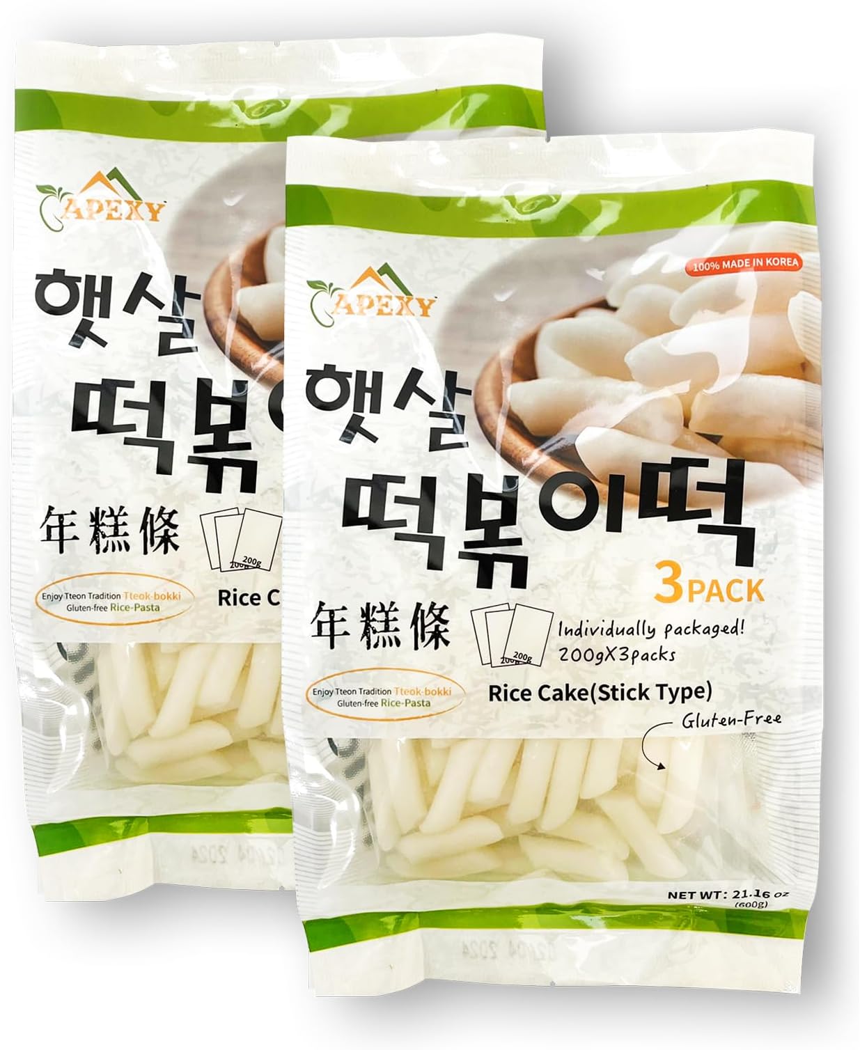 Apexy Korean Tteokbokki Rice Cake 21.16oz | No MSG, Gluten-Free, Non-GMO | Authentic Korean Sticky Rice Cakes for Stir-Fry & Spicy Tteokbokki | Fresh & Chewy Texture | Pack of 2