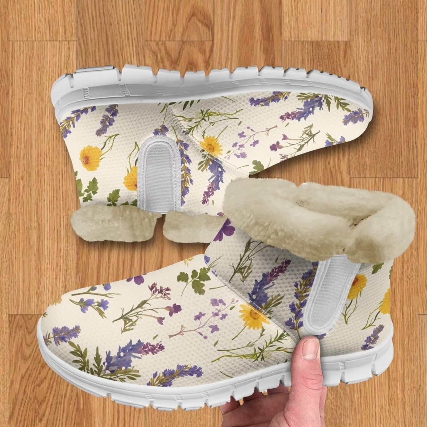chaqlin Flower Winter Boots Snow Boots with Flat Heels Slip Resistant for Women Ankle Wide Boots Fuzzy Plush Casual Outdoor Work Lightweight Cozy Boots