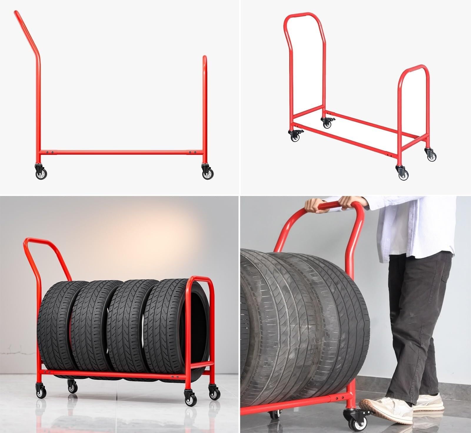Porta Pneumatici con Ruote, Supporto per Pneumatici da Garage con Maniglia e Ruota, Organizer per mozzi e Cerchi in Metallo