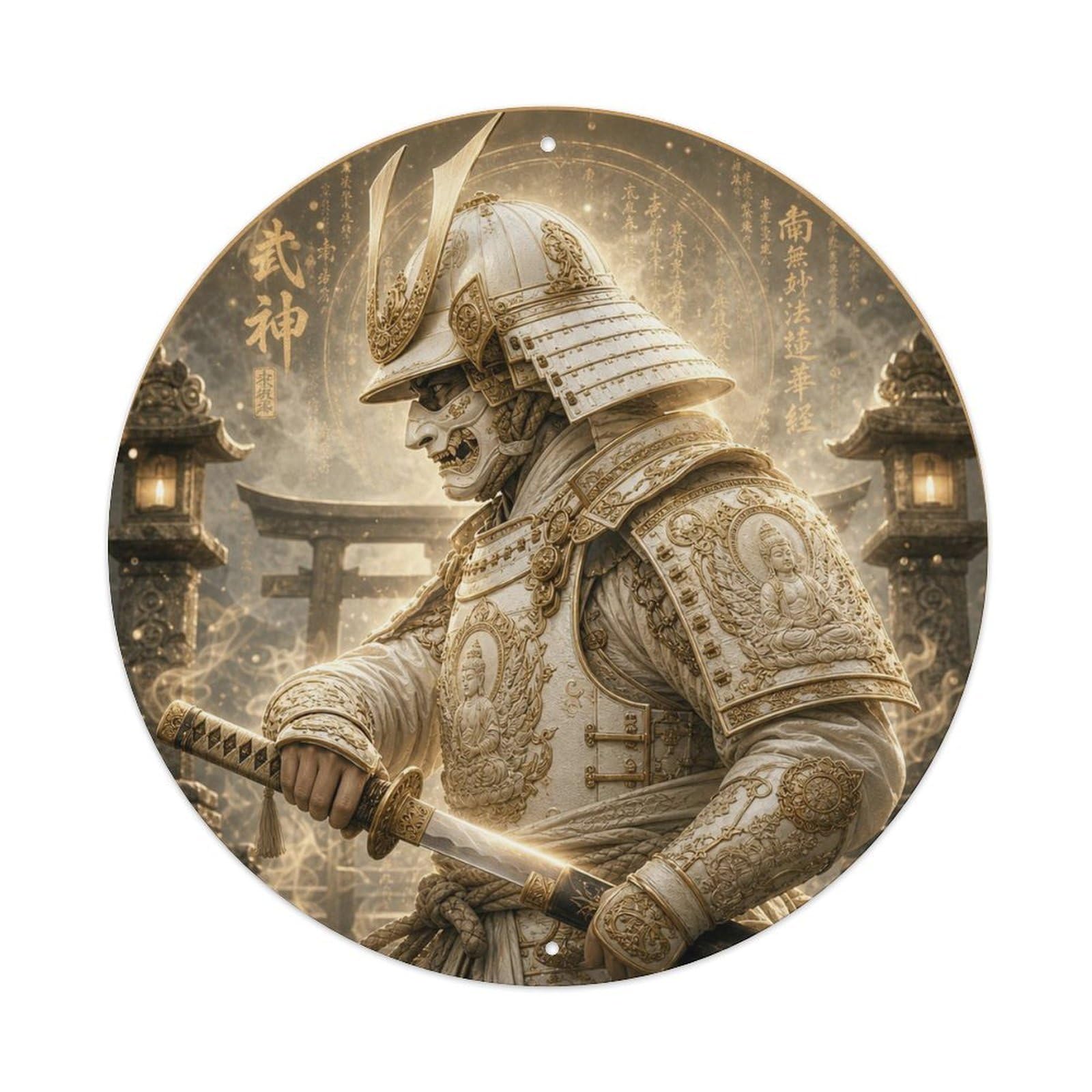Okngb Style Night Ivory Bone Side Draw Motion Katana Armor Motif Metal Tin Sign Plaque Wall Decor For Cafe, Man Cave, Club Bar, Office, Home Garden Round Metal Poster 8X8inch