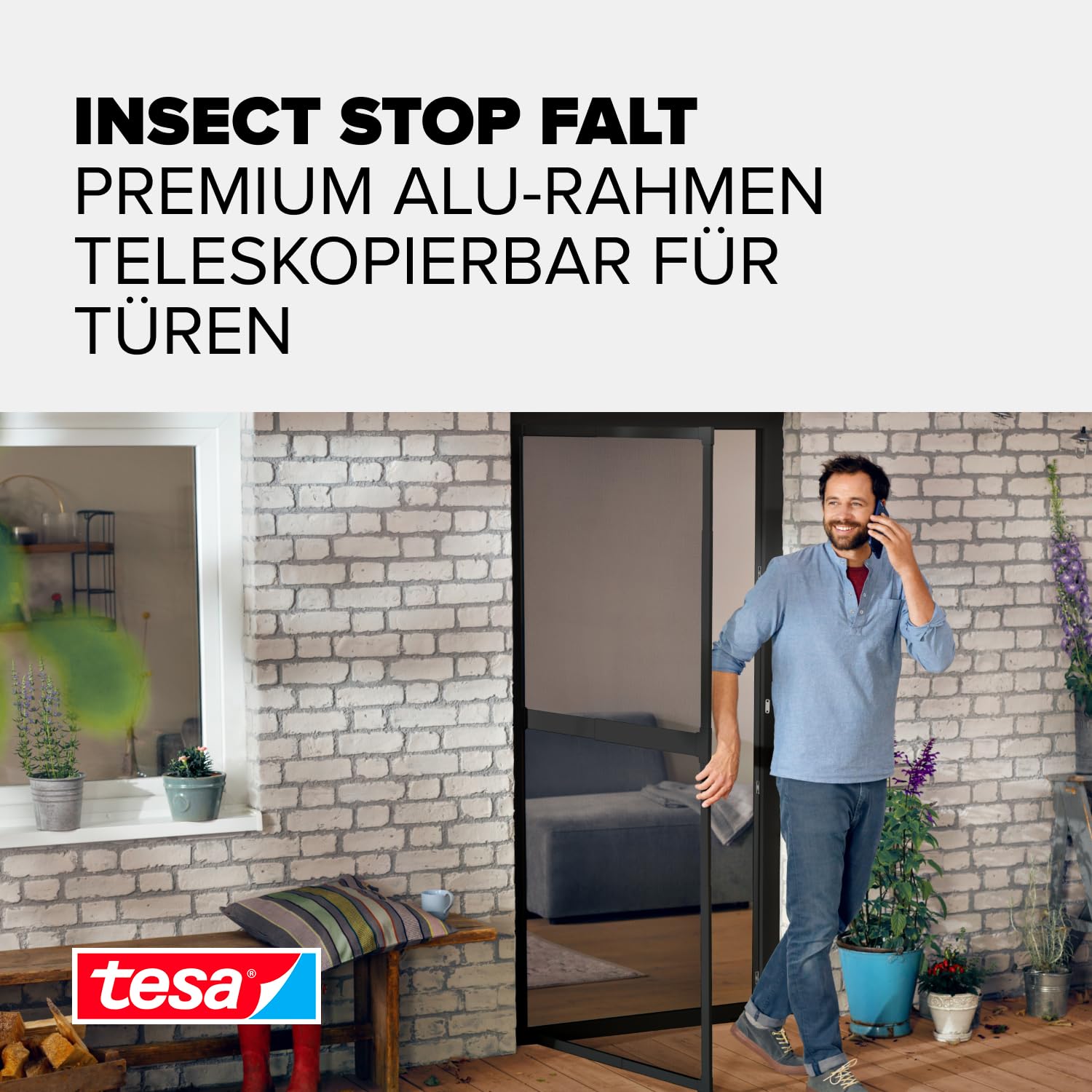 tesa INSECT STOP FALT Alu Rahmen teleskopierbar Premium für Türen – vormontierter Alu-Rahmen - Fliegengitter - mit verstellbarem Teleskoprahmen - 80 cm x 170 cm bis 100x cm x 220 cm - Anthrazit