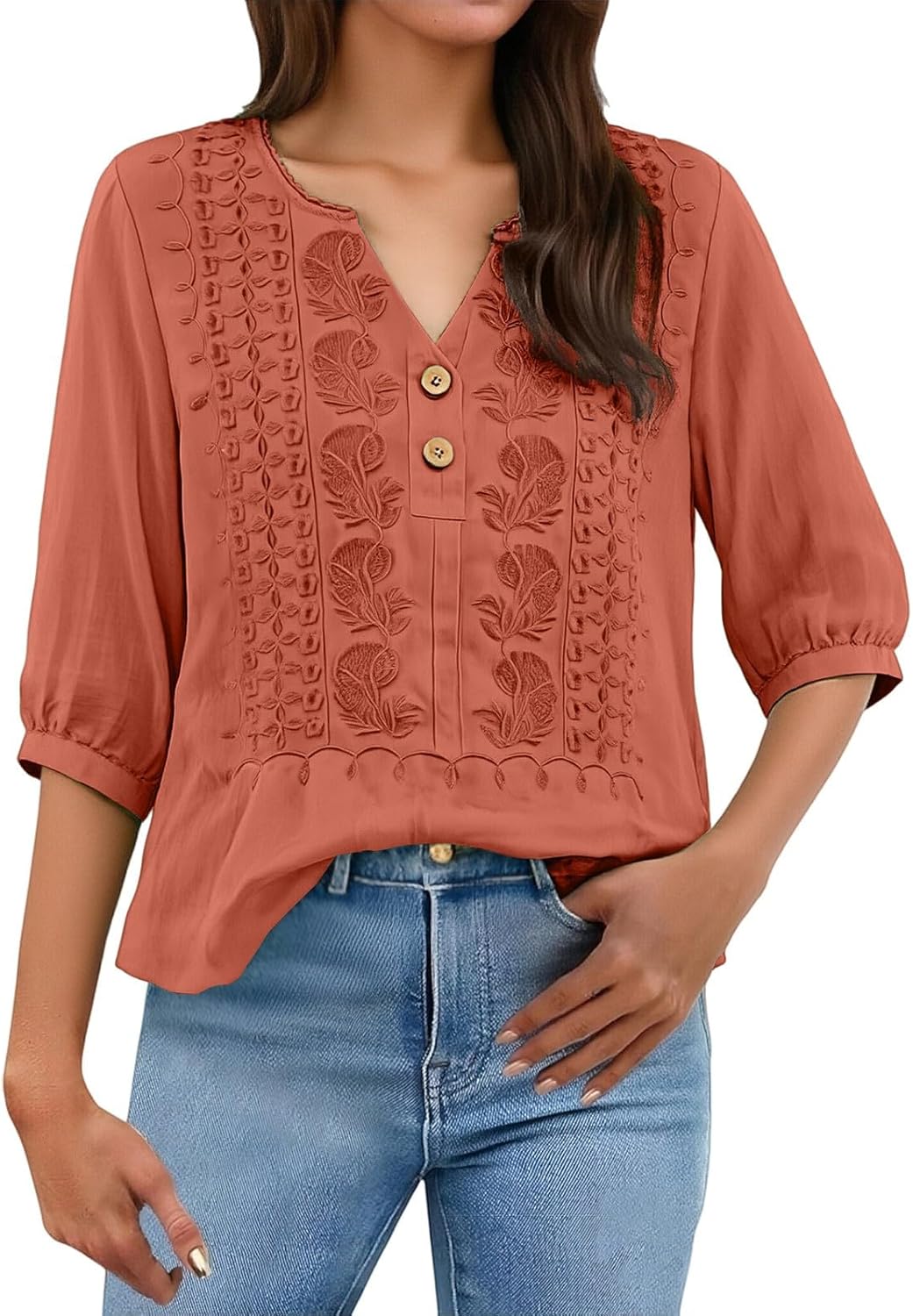 Embroidered Linen Shirts for Women - v Neck 3/4 Sleeve Length Boho Tops Plus Size Tunics Summer Dressy Casual Blouses - Image 7