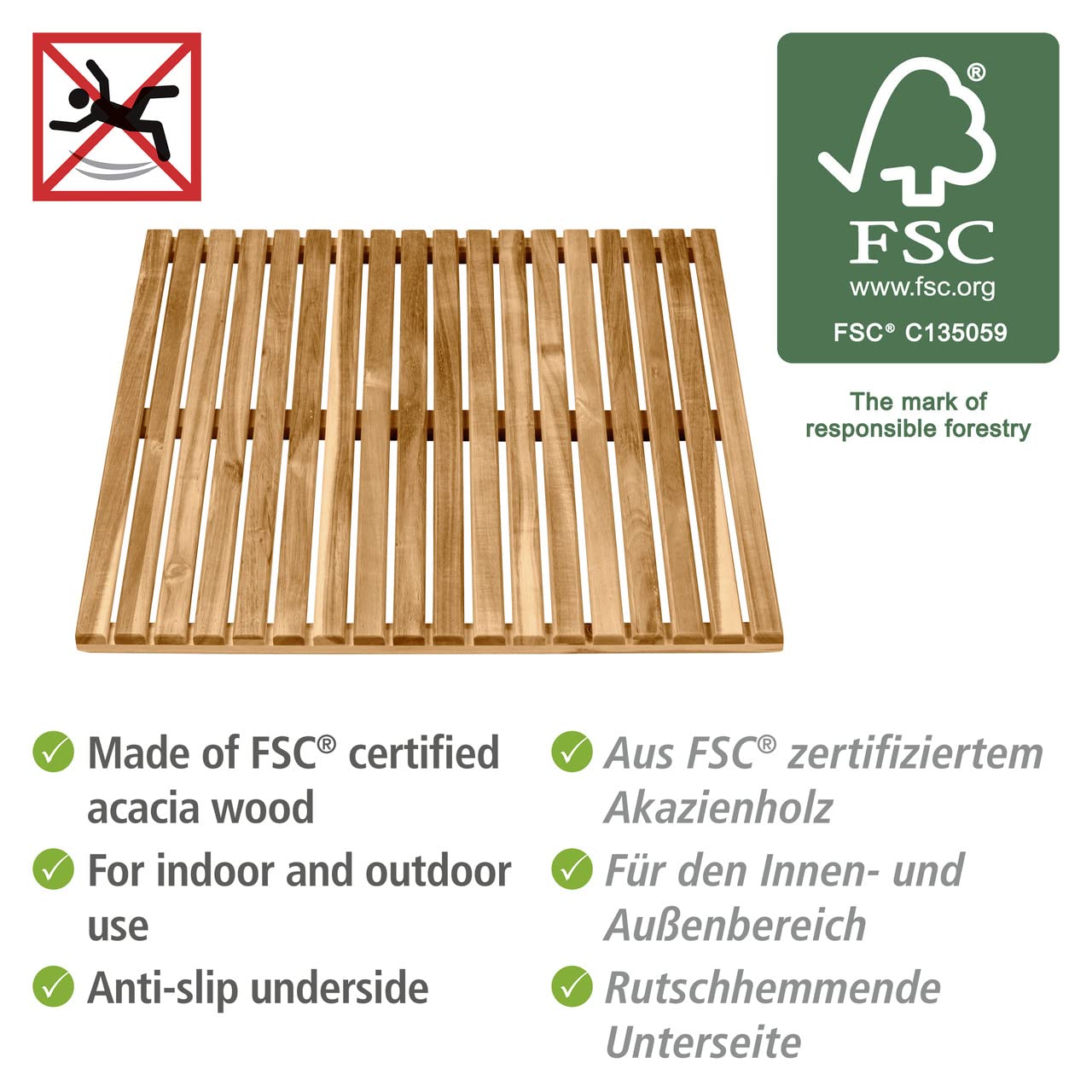 Wenko Pedana da doccia interna/esterna Acacia in legno di acacia, certificata FSC per zona interna ed esterna, ideale per doccia, sauna e piscina, lato inferiore antisdrucciolo, (L x P): 55 x 55 cm
