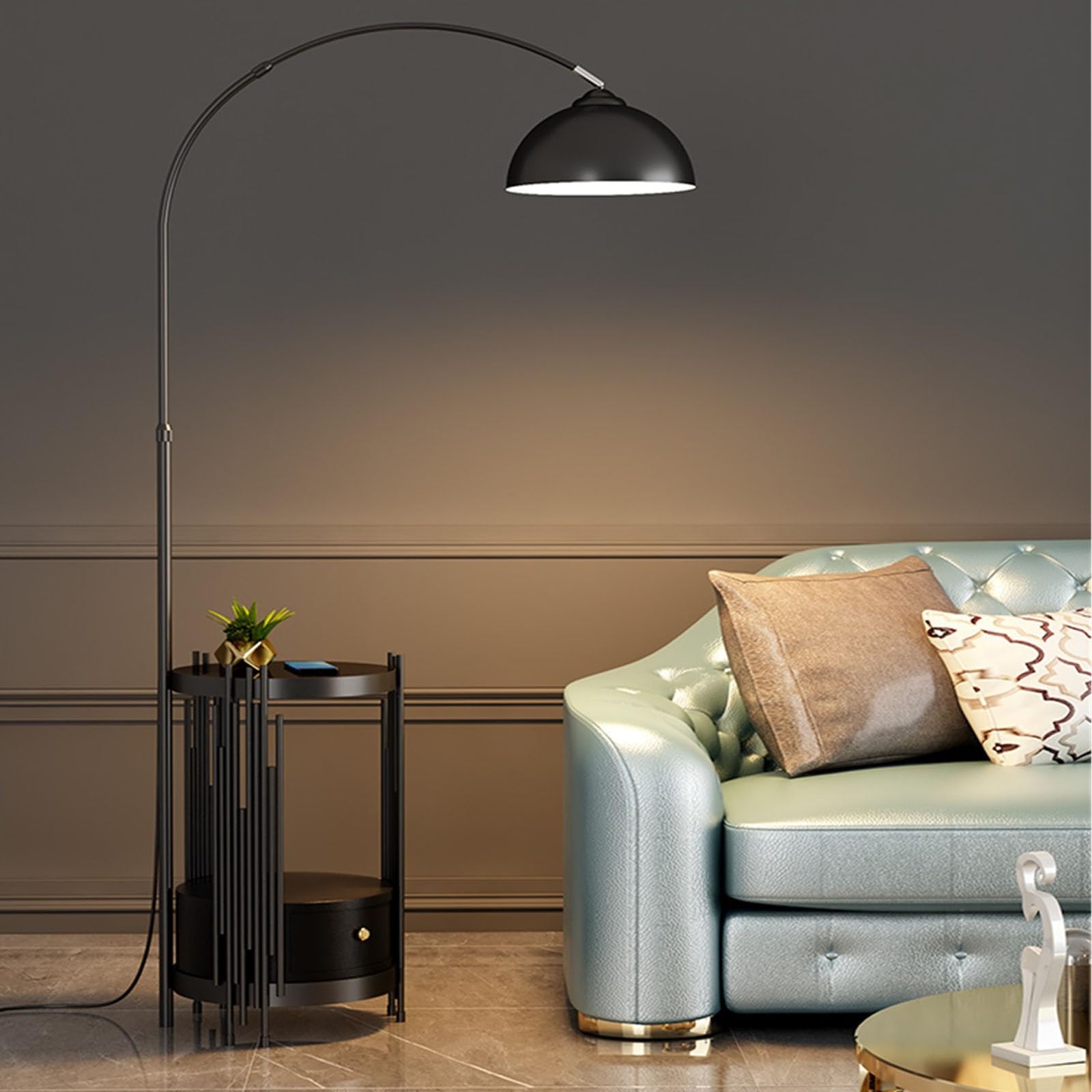 Luce da terra Lampada da terra con tavolo e cassetti, lampada in legno massello lampadina a LED, palo alto for camera letto, ufficio Lampada d'angolo