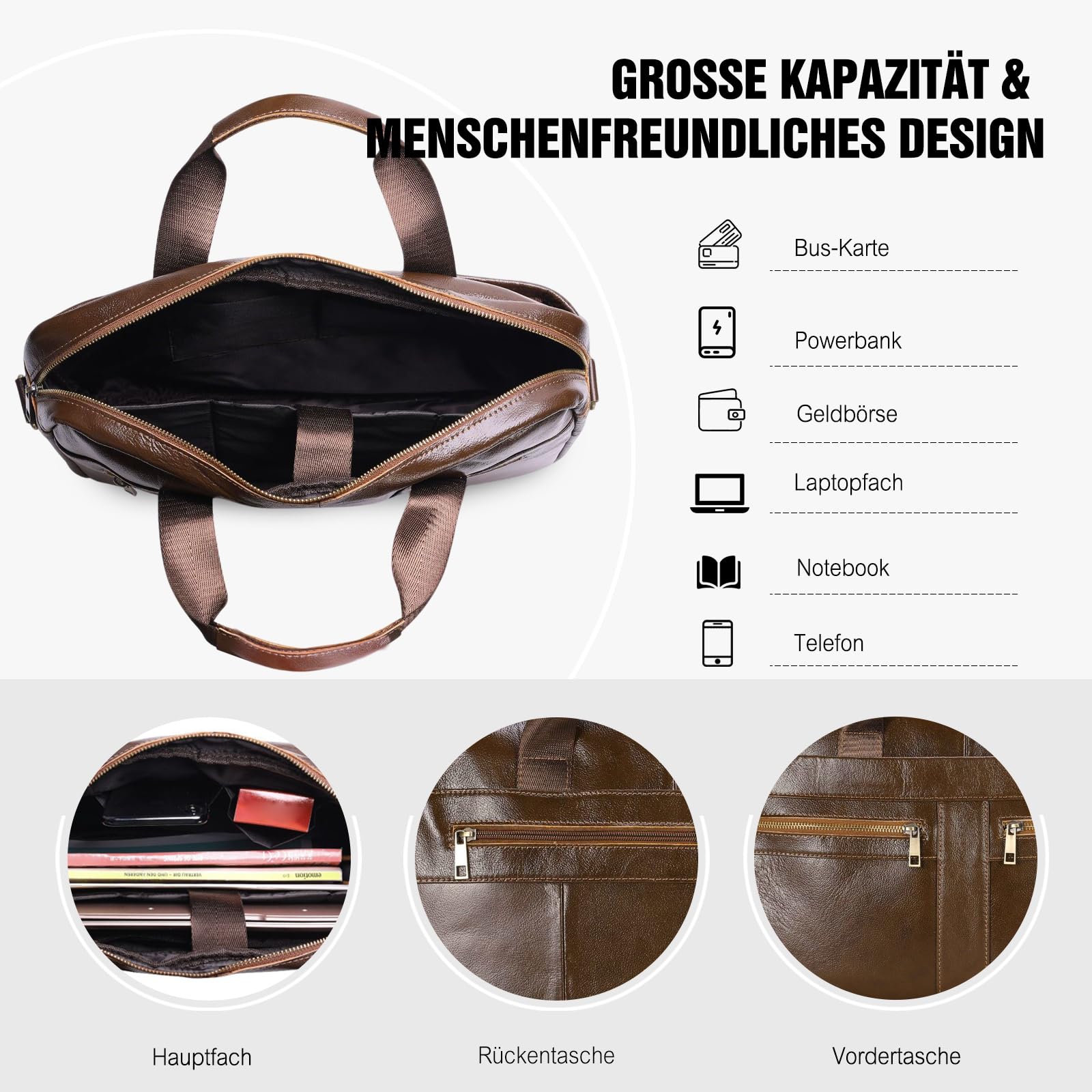 FANDARE Herren Leder Aktentasche Dokumententasche Geschäftstasche Business Messenger Handtasche Mappe Aktenkoffer Umhängetasche für 15.6 Zoll Laptoptasche Henkeltasche für Arbeit und Reisen