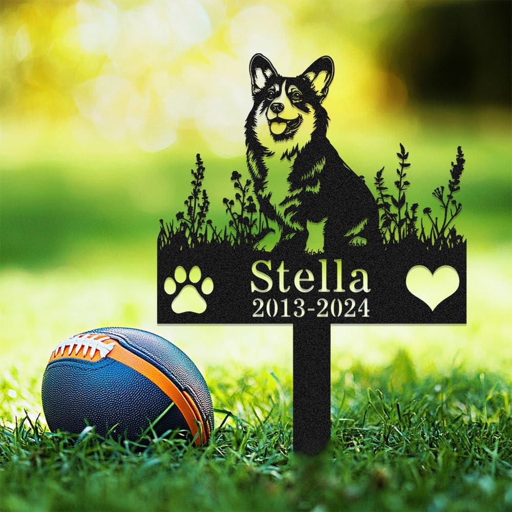 Custom Corgi Dog Memorial Grave Marker with Stake,Personalized Dogs Name Memorials Engraved Burial Sign,Customized Loss of Sympathy Gifts for Pet Owner,Flower Pets Headstone for Garden Lawn Cemetery