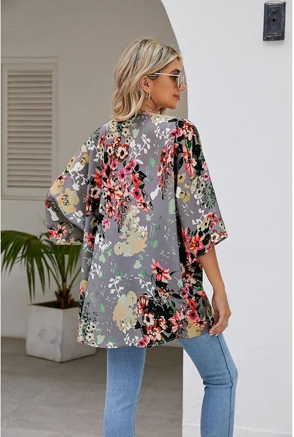 BB&KK Women's Floral Kimono Summer Short Cover Ups Tops 3/4 bell sleeve, flowy loose style. Long enough to cover hip. Retro-chic and feminine, easily stand out