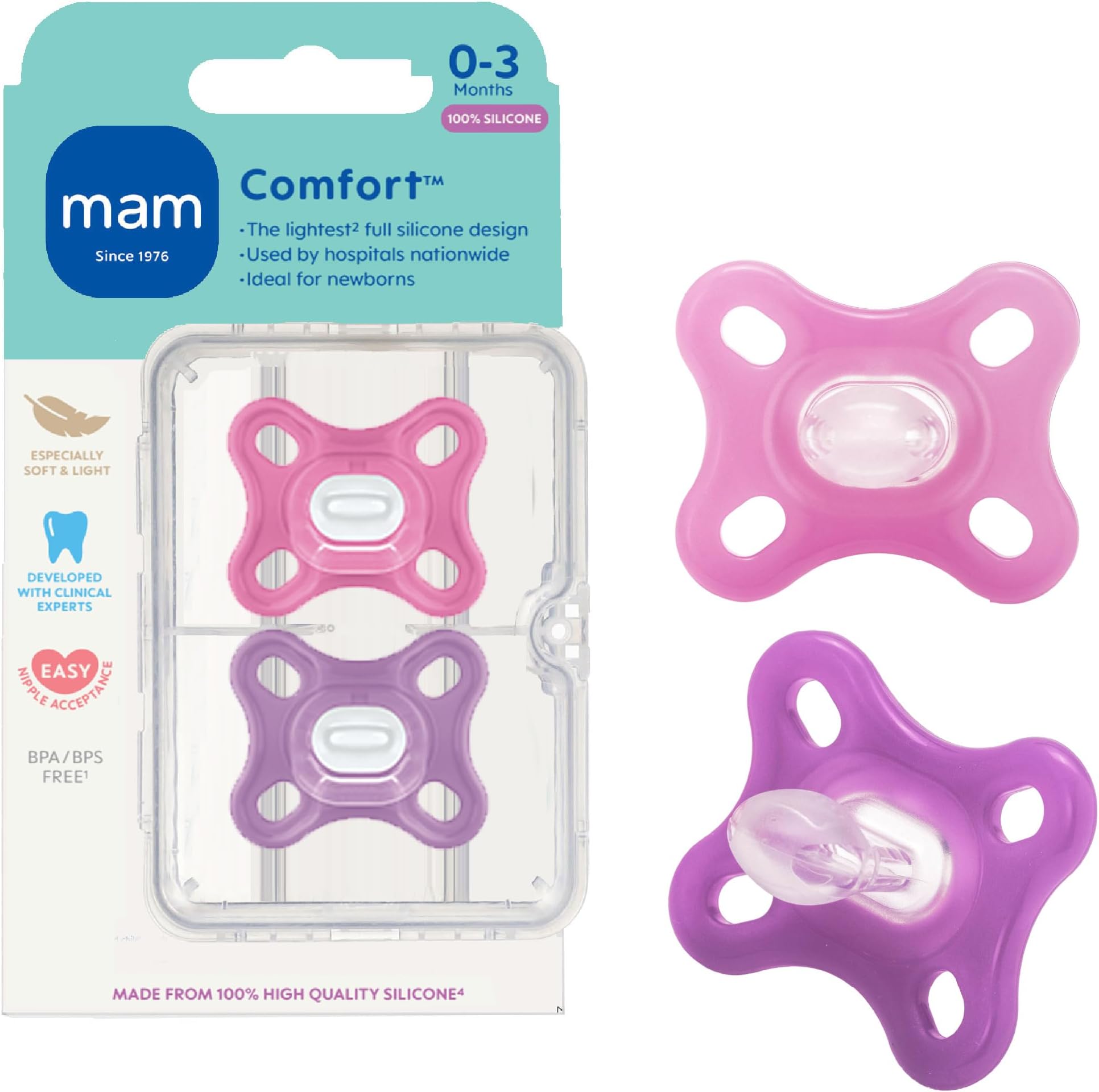 Comfort Baby Pacifier 0-3 Months Specially for Smaller Newborn Mouths,Lightweight One-Piece BPA-Free Silicone, Easy to Clean, Best for Breastfed Babies, 2 Pk, Sterilizer Case, Made in Europe