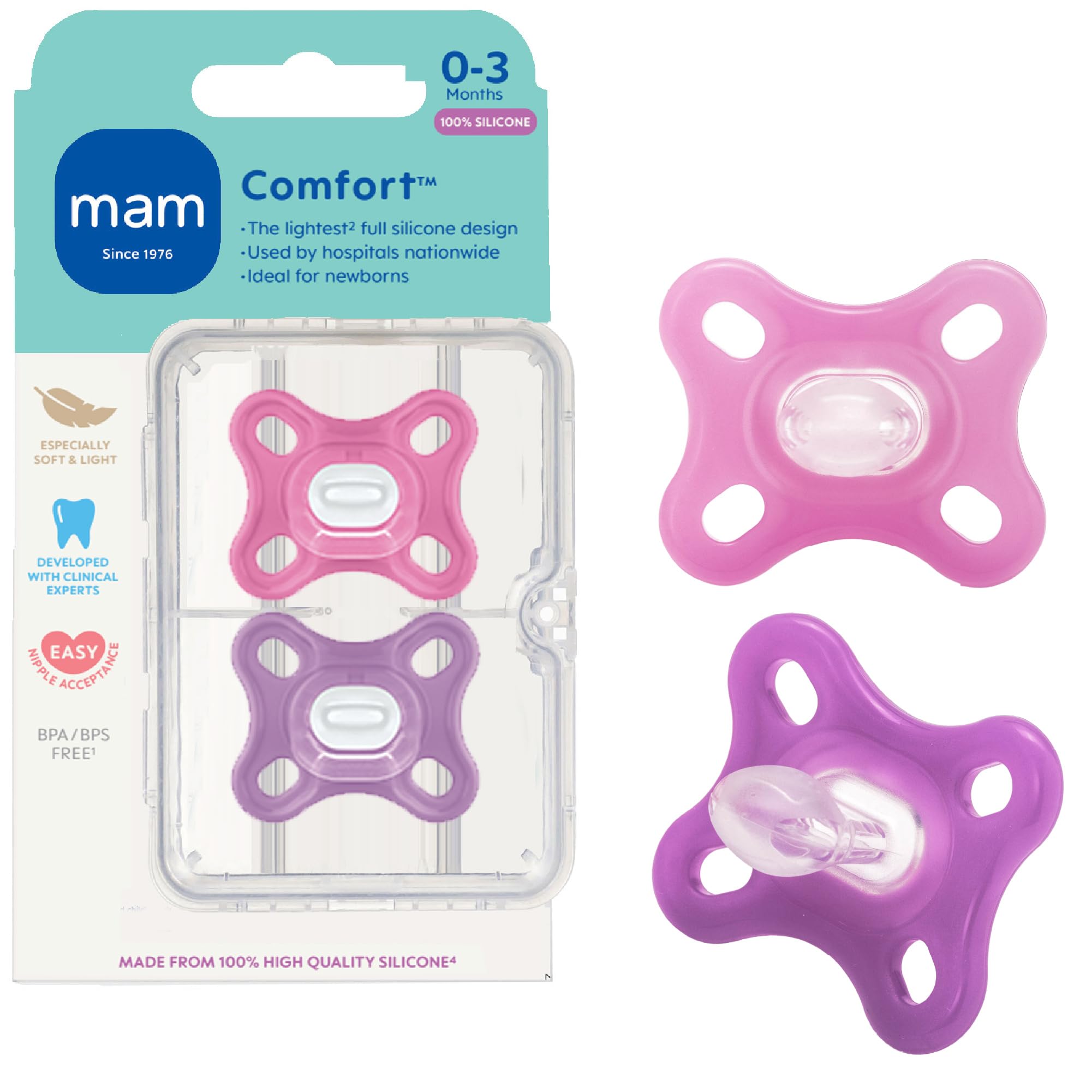 Comfort Baby Pacifier, 100% Lightweight Silicone, Sterilizer Case, Girl, 0-3 Months (Pack of 2)