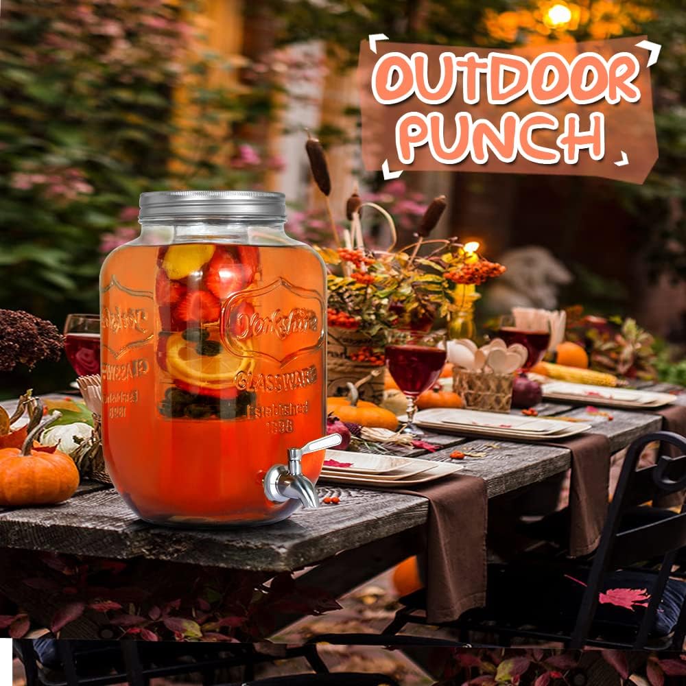  | 2-Gallon Glass Drink Dispenser for Parties, Beverage Dispenser with Stainless Steel Spigot, Fruit Infuser, Marker & Chalkboard - 100% Leakproof Water Dispenser for Lemonade & Laundry Detergent: Iced Beverage Dispensers