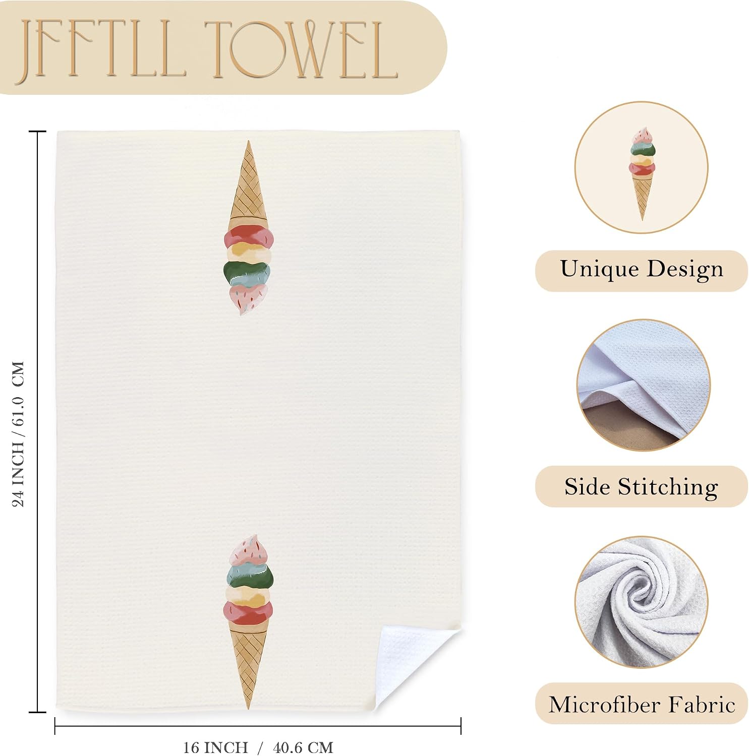 Cone Ice Cream Kitchen Towels, Summer Ice Cream Dish Tea Towels for Kitchen Decor, Summer Hand Towels for Bathroom Decor, 16x24 Inch