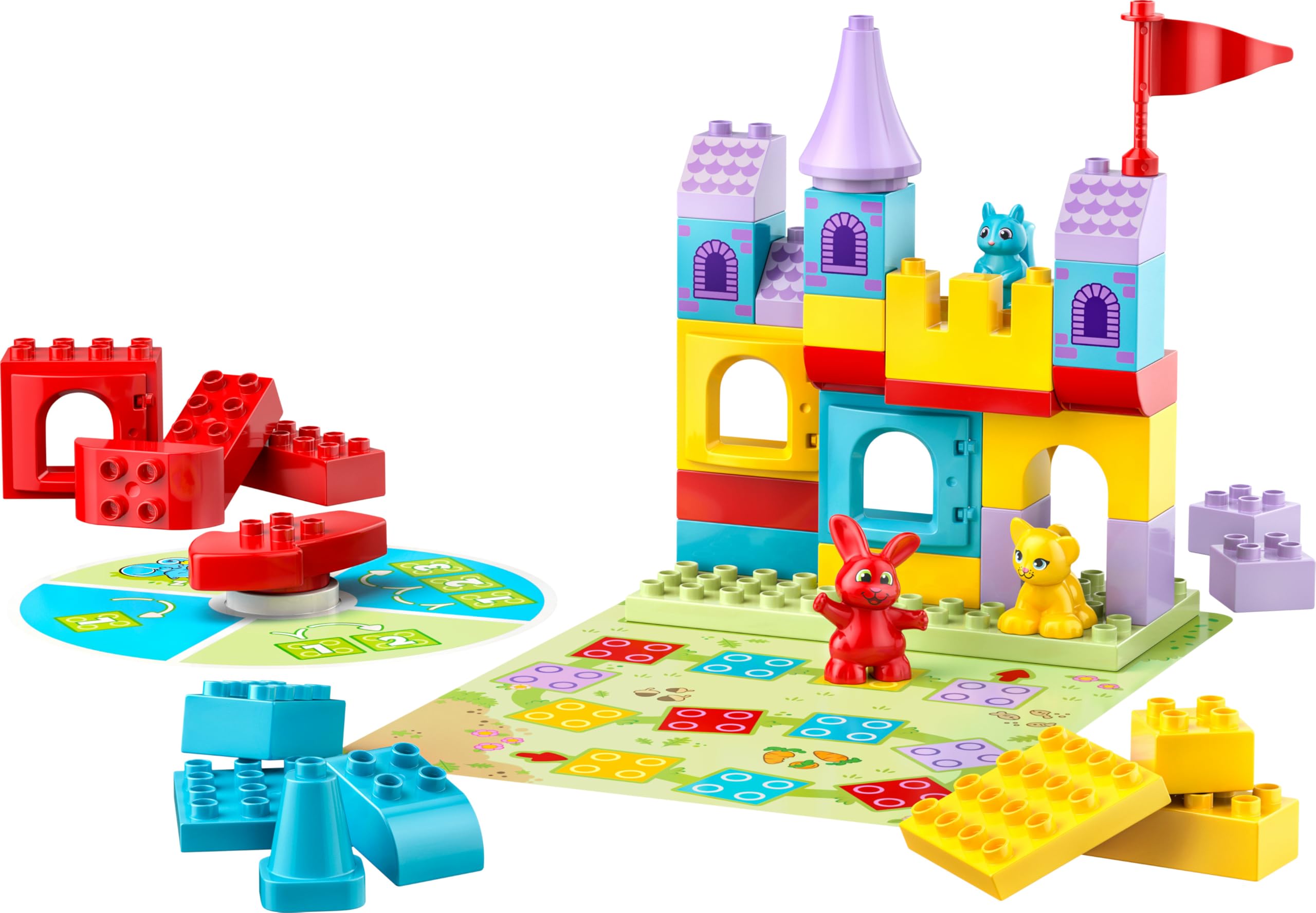 LEGO DUPLO Gioco al Castello con Salterello - Giochi Educativi per la Motricità Fine con 3 Animali Giocattolo, Castello e Gioco da Tavolo con Freccia Girevole - Regalo per Bambini da 3 Anni - 10450