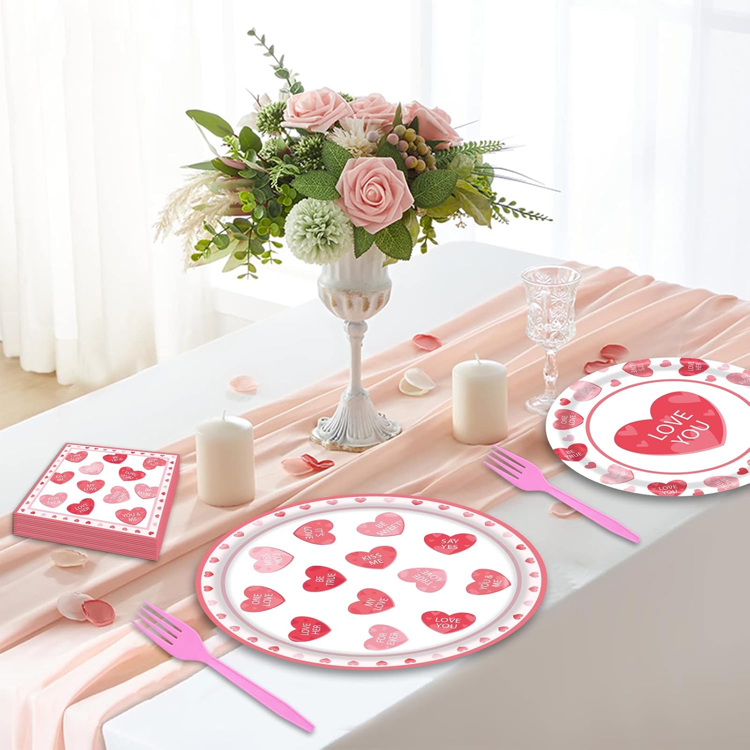 96 Pieces Valentine’s Day Tableware Set – Red and Pink Heart Message Disposable Plates, Napkins, Forks For Valentine’s Parties, Weddings, Anniversaries, Romantic Dinners – Serves 24 Guests image 5