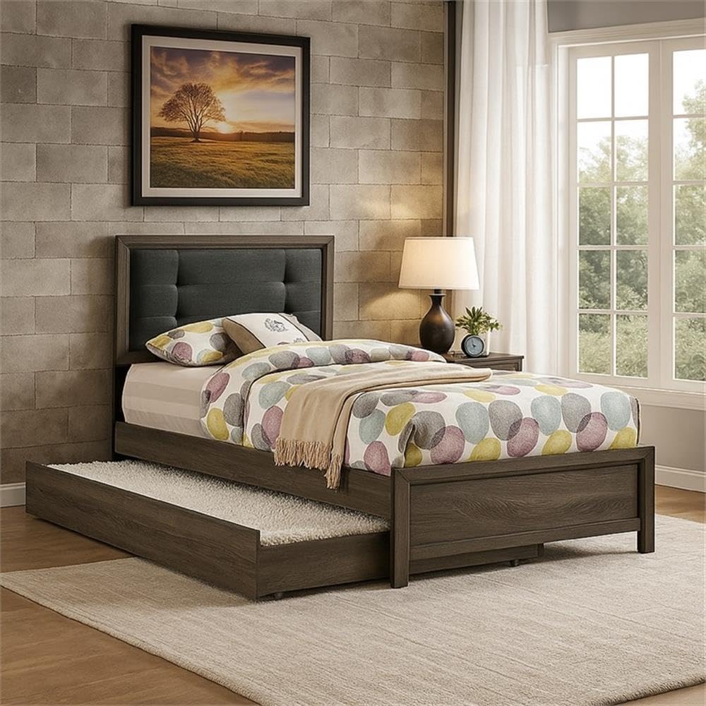 Pemberly Row Full Size Bed, Tufted Fabric Upholstery, Dark Gray Solid Wood Frame, Button-Tufted Padded Headboard, Contemporary Design for Kids Rooms, Guest Rooms, Dorms, Foundation Required