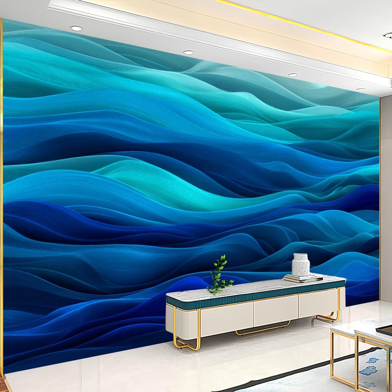 Fototapeta z włókniny, 250 x 175 cm, niebieska fototapeta, efekt 3D | Abstrakcyjny ocean płyn panoramiczny mural dekoracja plakat obraz projekt nowoczesny do salonu sypialni dziecięcej