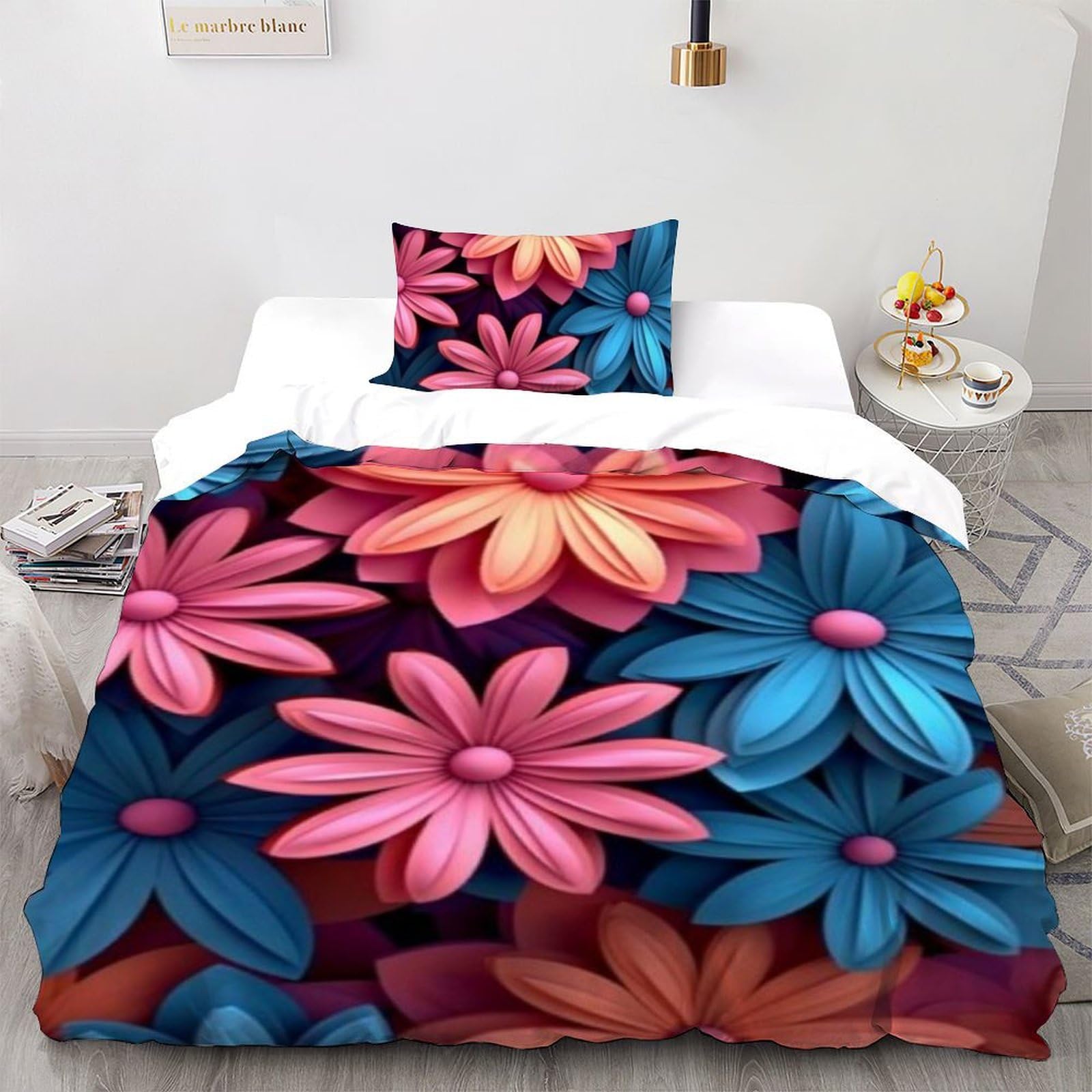 Housse de couette single 135x200cm en microfibre rose et verte imprimée 3D