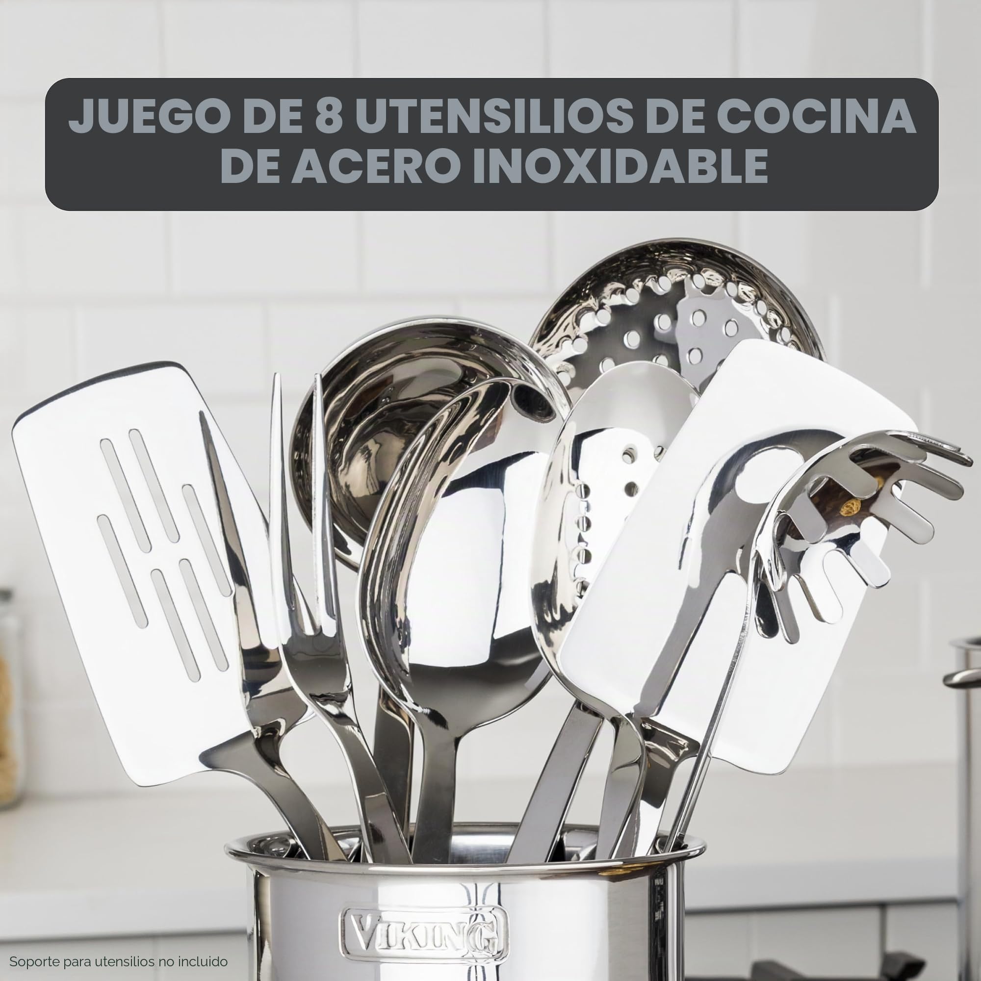 Viking Culinary - Juego de utensilios de cocina de acero inoxidable 304, 8 piezas, asas huecas ergonómicas que se mantienen frías, aptos para lavavajillas, color plateado