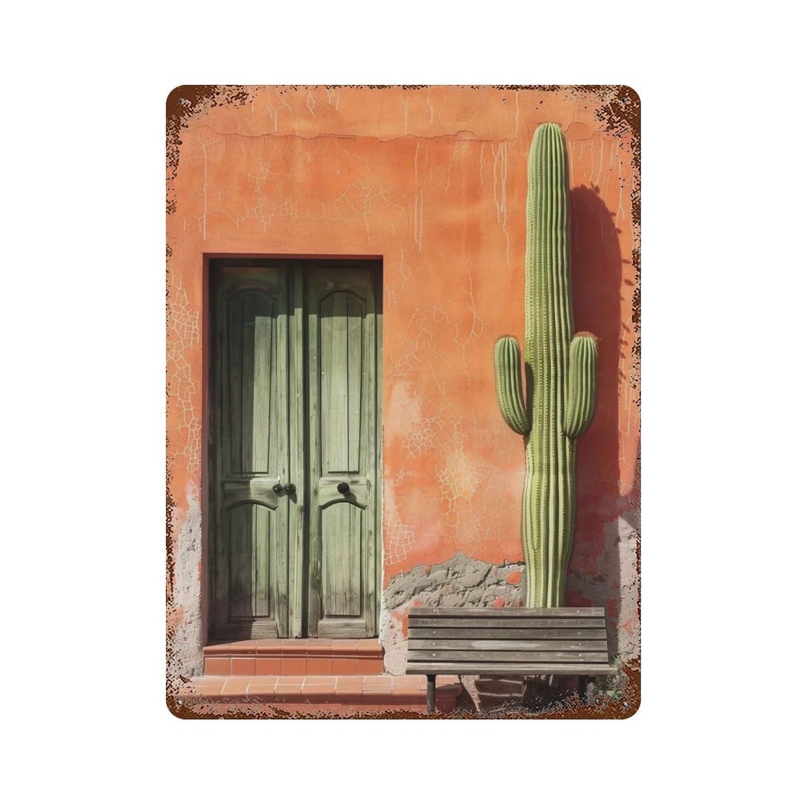 WUJHGRSG Contrast Terracotta Wall Saguaro Courtyard 02 Wall Art Retro Iron Vintage Metal Tin Sign Poster Modern Decor for Home Cofffee Club Bar Shop Style 40x30cm