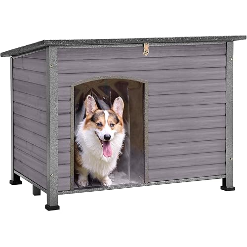 GUTINNEEN Chew Proof Dog House with Metal Iron Frame Outdoor Dog Kennel for Small Medium Large Indoor Dog Cage (43.3" L,Grey Color)