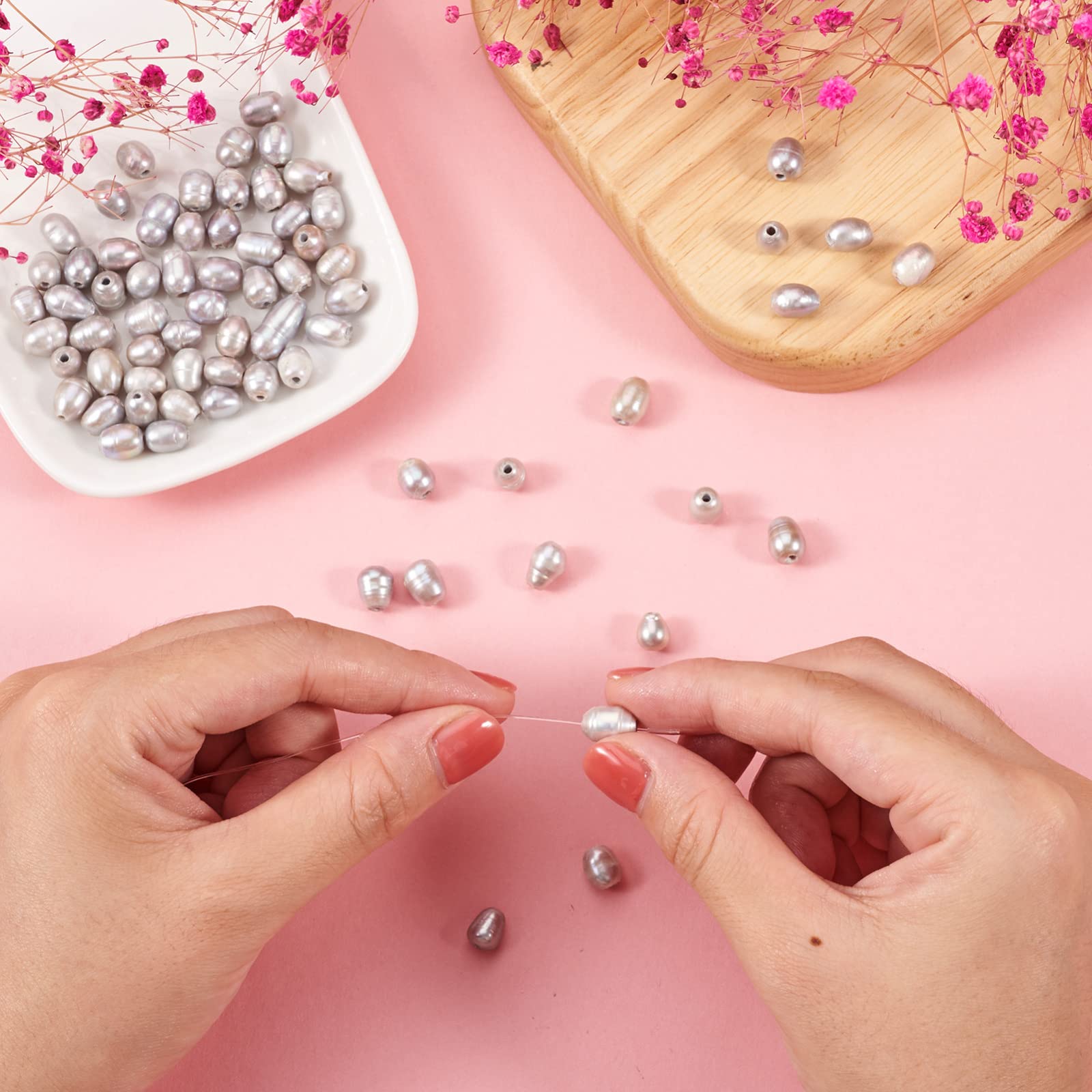 Beadthoven 100pcs 7-10mm Natural Cultured Freshwater Pearl 1.8mm Large Hole Rice Oval Pearl Beads for DIY Necklace Bracelets Beading Jewelry Crafts Making - Image 4