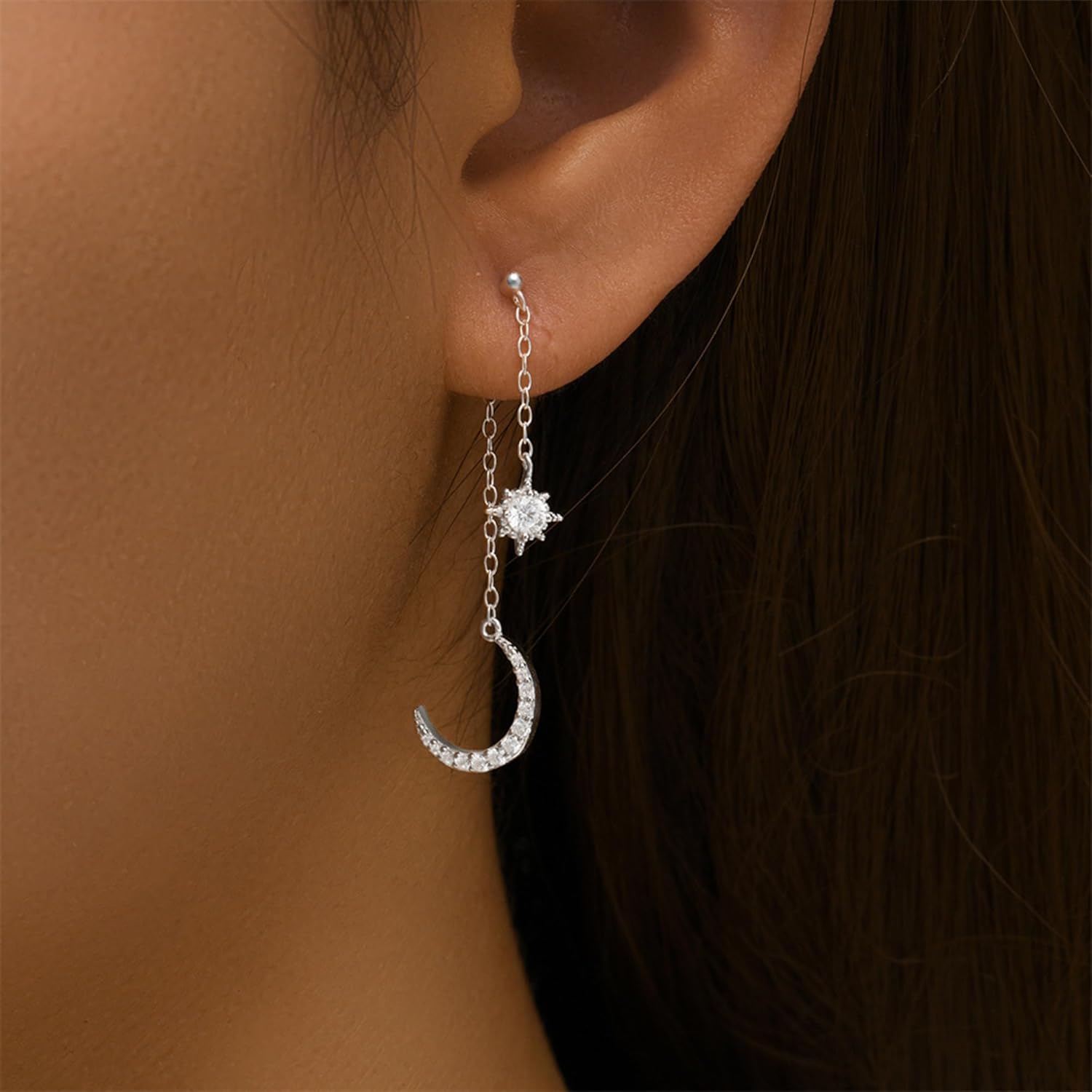 SUYACS 925 Sterling Silver Star and Moon Drop Dangle Earrings for Women Cute Crescent with Cubic Zirconia Celestial Stud Earring Asymmetrical Earring Jewelry Christmas Gifts for Mother Daughter - Image 3
